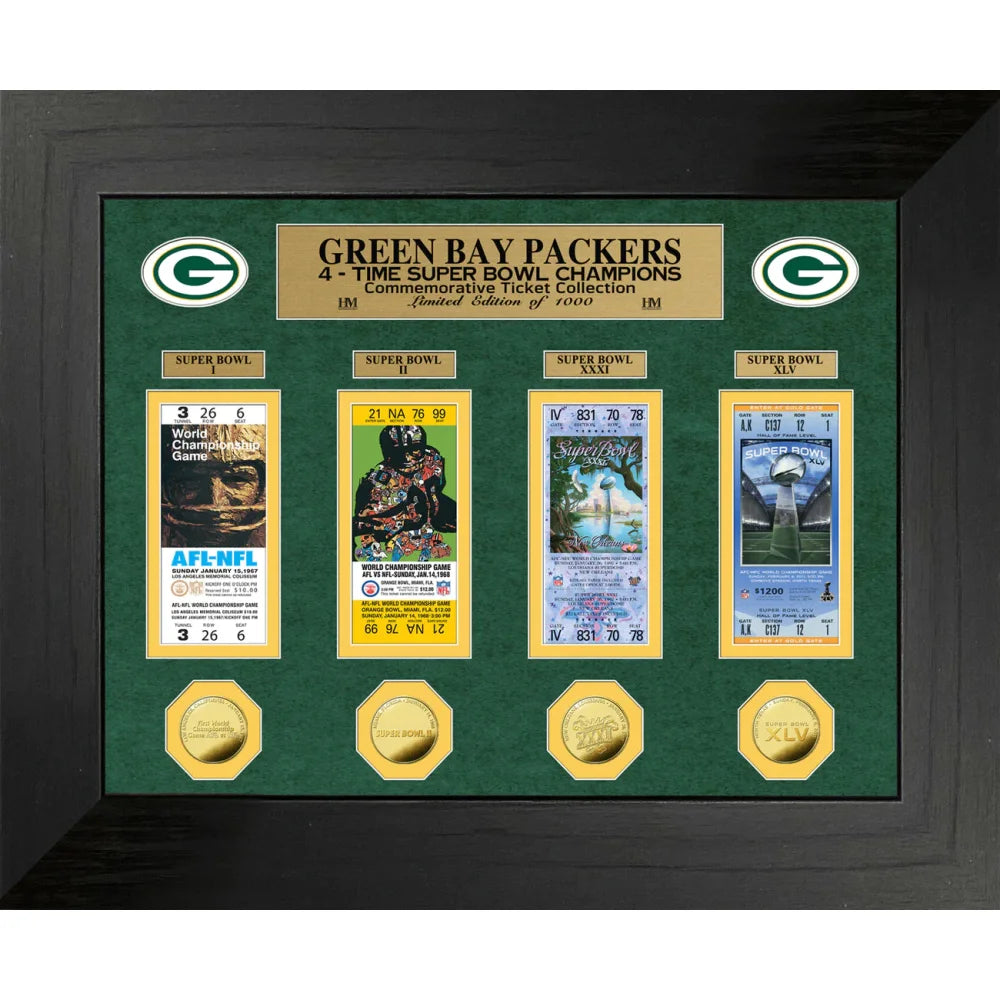 Green Bay Packers Super Bowl Memorabilia - Framed Ticket & Coin Collection Display for Football Fans - Perfect for Man Cave, Sports Bar, or Game Room Decor