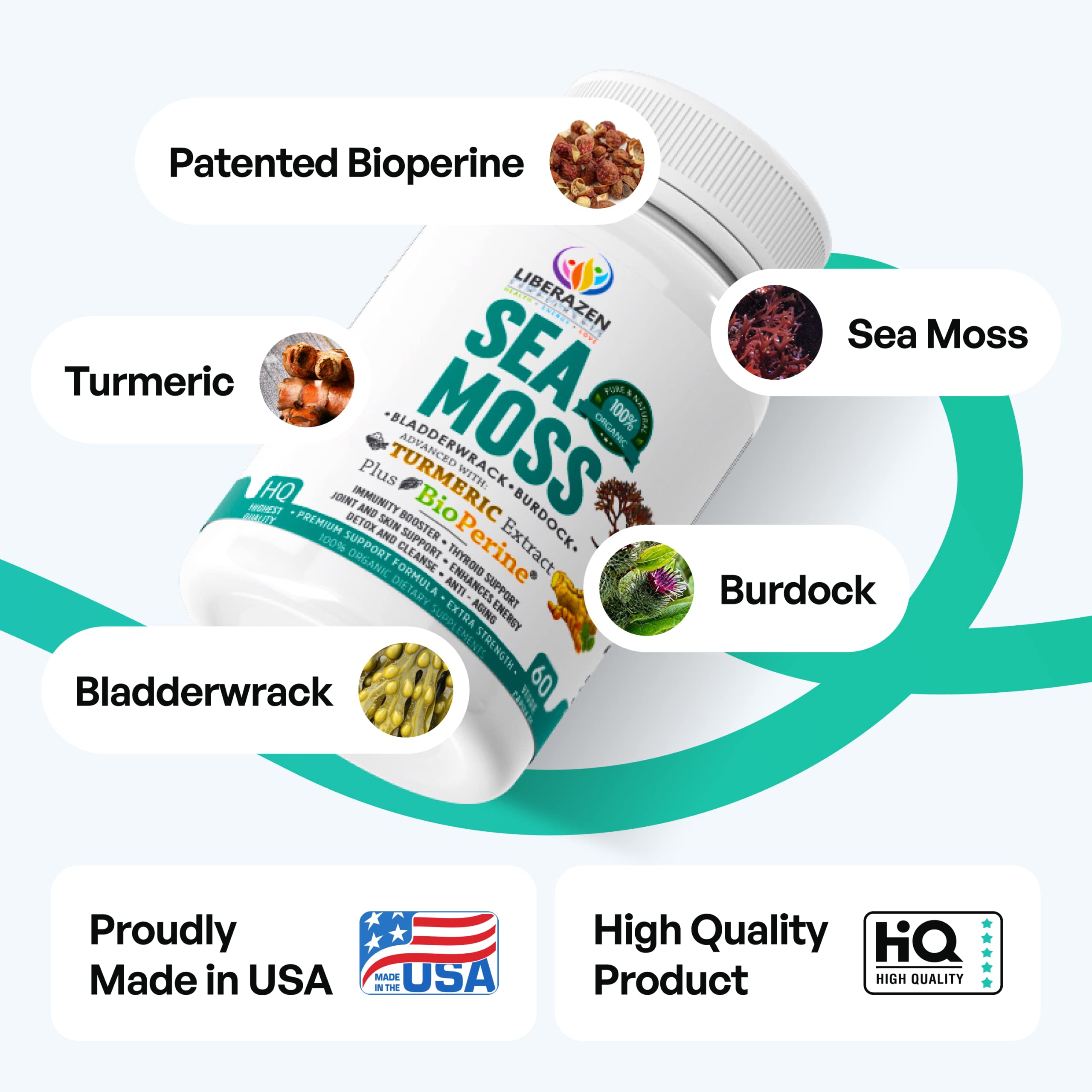 Organic Irish Sea Moss Pills - Wildcrafted Dr. Sebi Inspired Seamoss Blend with Turmeric, Burdock Root & Bladderwrack - Enhanced with Black Pepper for Better Absorption - 60 Vegan Capsules - Supports Immune System, Digestion & Energy - Perfect for Daily Wellness Routine