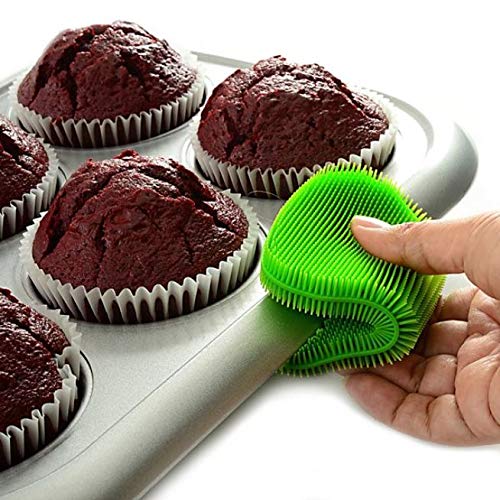 Norpro Silicone Dish Scrubbing Sponge & Vegetable Scrubber Brush - Set of 3, Eco-Friendly Kitchen Cleaning Tools for Pots, Pans, Fruits & Vegetables (Green)