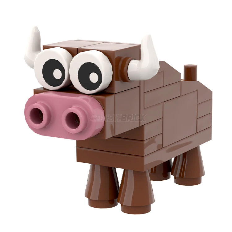LEGO Brick Bull Bulldozer Brown Cow with Angled Horns - MiniMOC Building Kit for Kids & Adults | Creative Play, DIY Construction Toy, Gift Idea for LEGO Enthusiasts