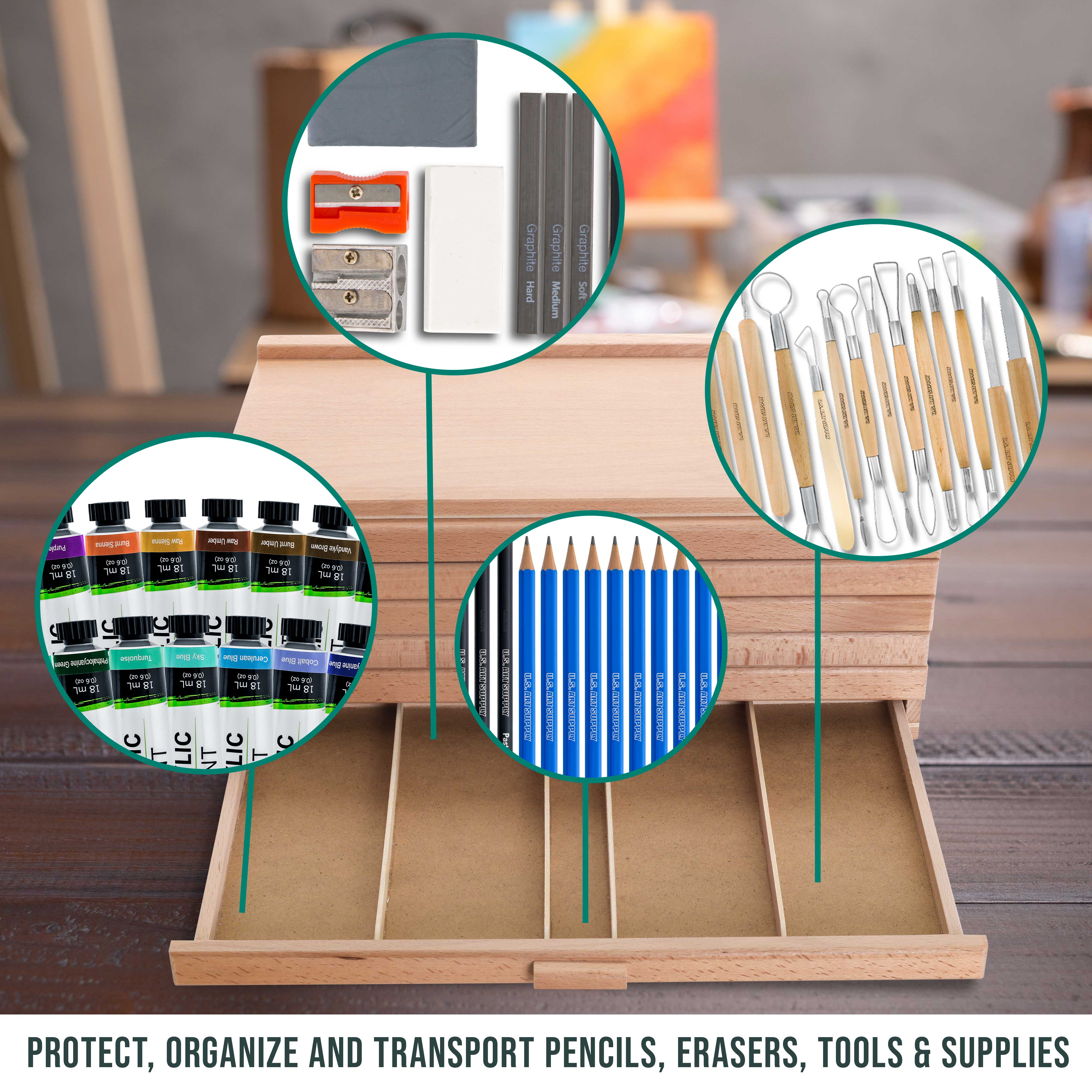 6-Drawer Artist Wood Storage Box for Pastels, Pens, Markers & Art Supplies - Elm Hardwood Construction with 5 Compartments per Drawer - Perfect for Drawing, Sketching & Blending Tools Organization