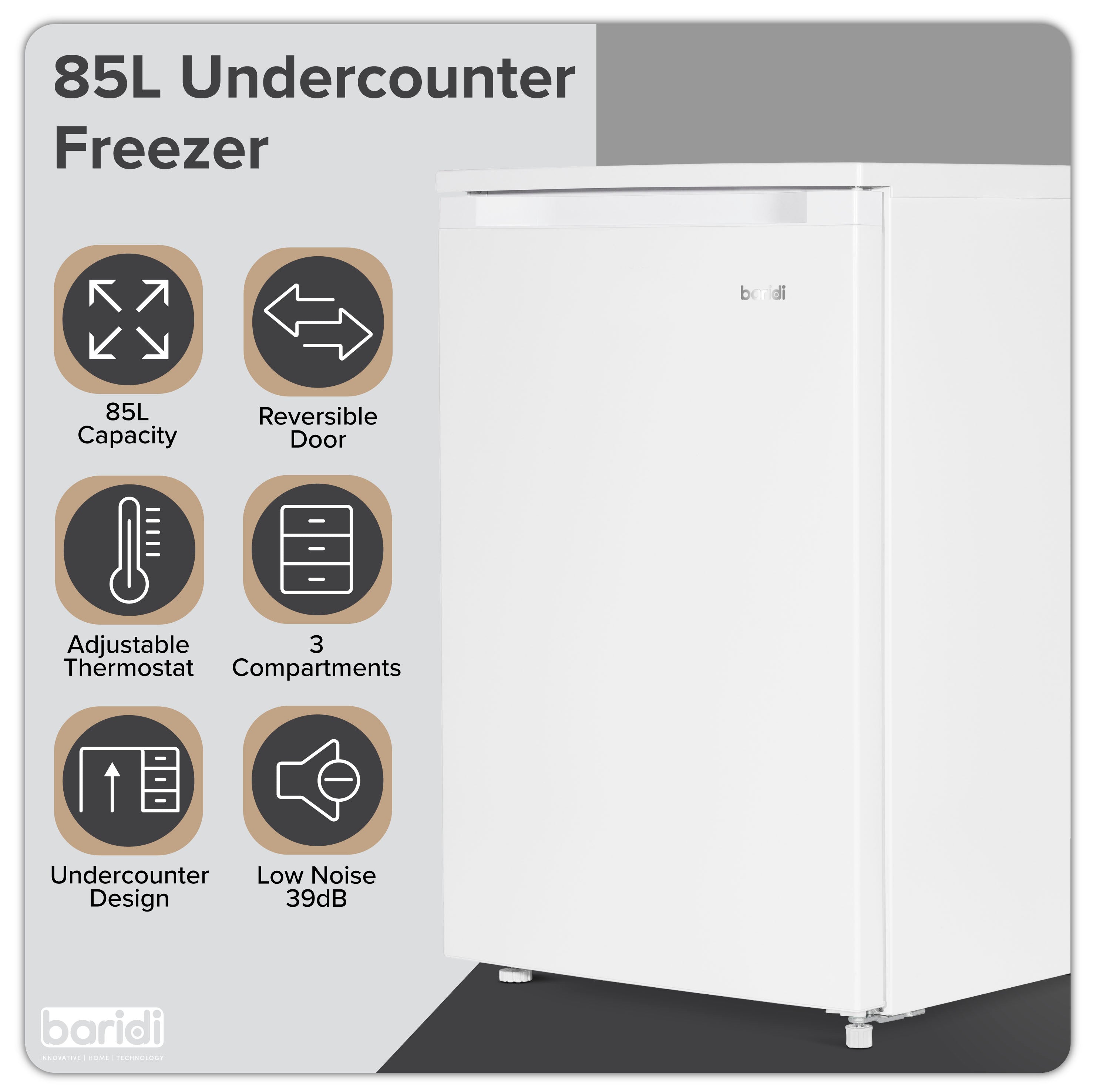 Baridi 55cm Undercounter Freezer with Adjustable Thermostat, 4 Star Energy Rating, 85L Capacity, White - Perfect for Home, Kitchen, Restaurant & Commercial Use - Model DH250
