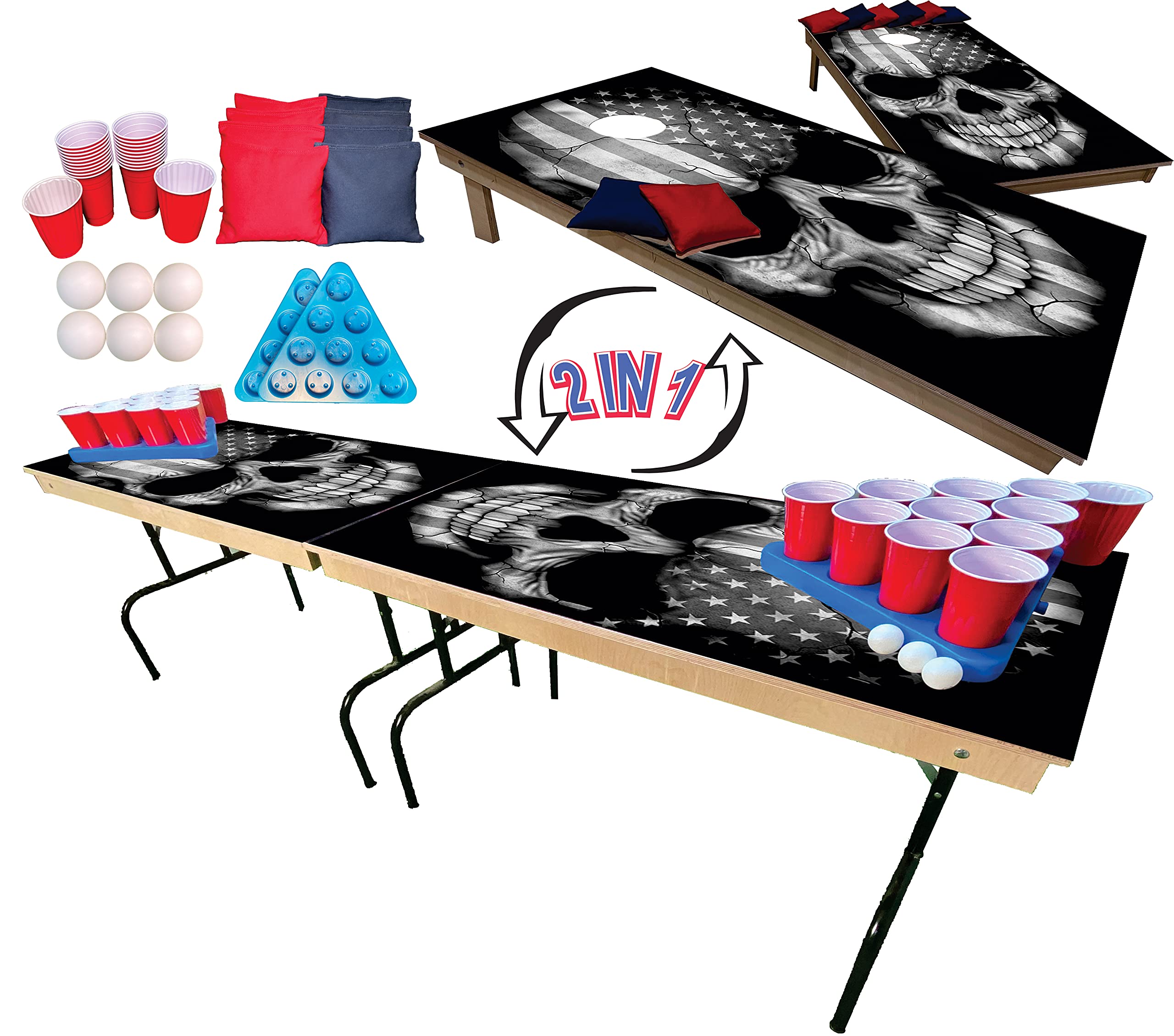 2-in-1 Cornhole & Beer Pong Game Table Set - 8ft Portable Party Game for College, Tailgating, Backyard & Outdoor Events | Includes 4x2ft Cornhole Boards, 8 Bags, 22 Cups, 6 Pong Balls & 2 Racks - Perfect for BBQs, Camping & Game Nights
