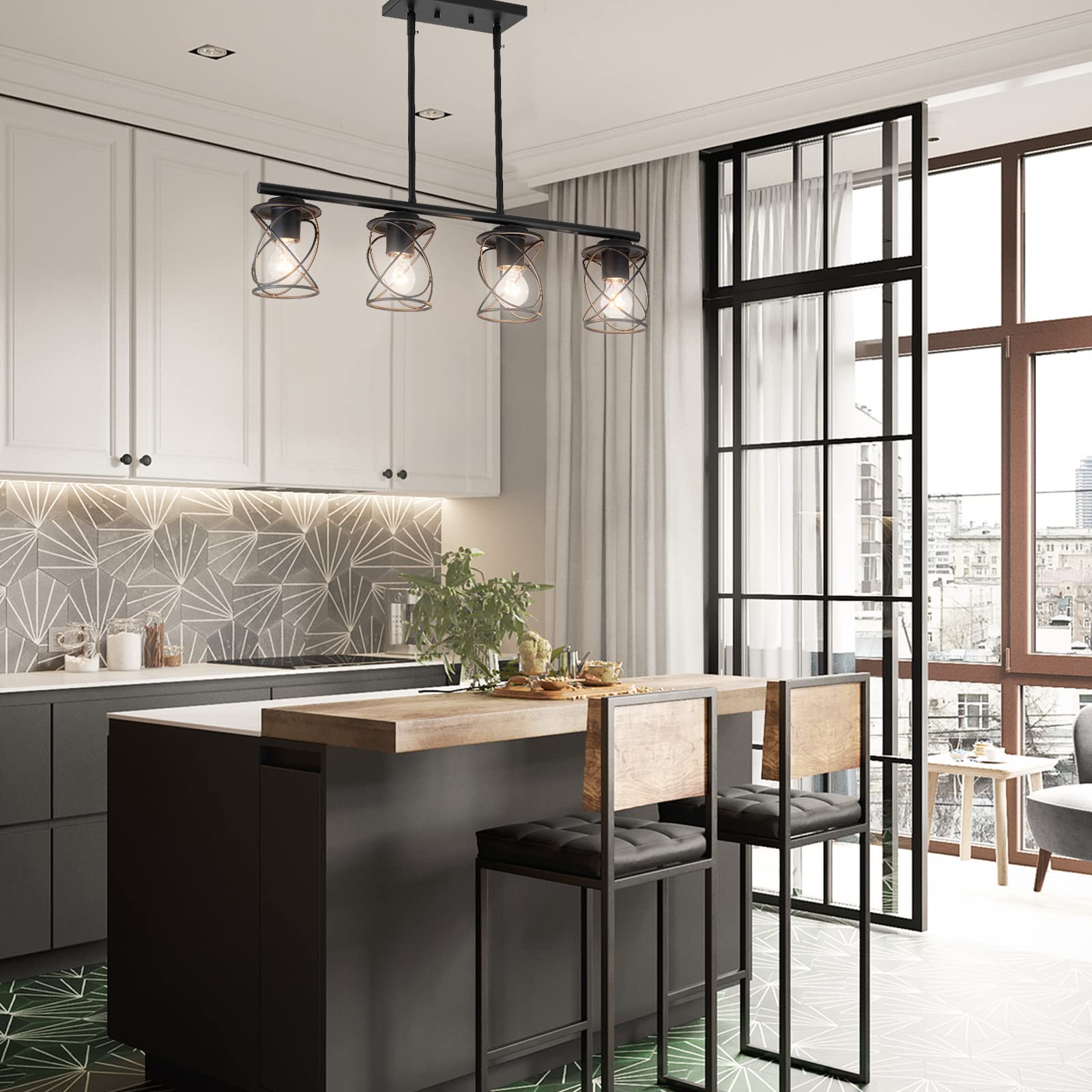 Farmhouse Linear Pendant Light - 4-Light Adjustable Kitchen Island Lighting Fixture, Black Metal Hanging Chandelier for Dining Room & Living Room | Perfect for Kitchen Islands, Breakfast Bars, and Open Concept Spaces