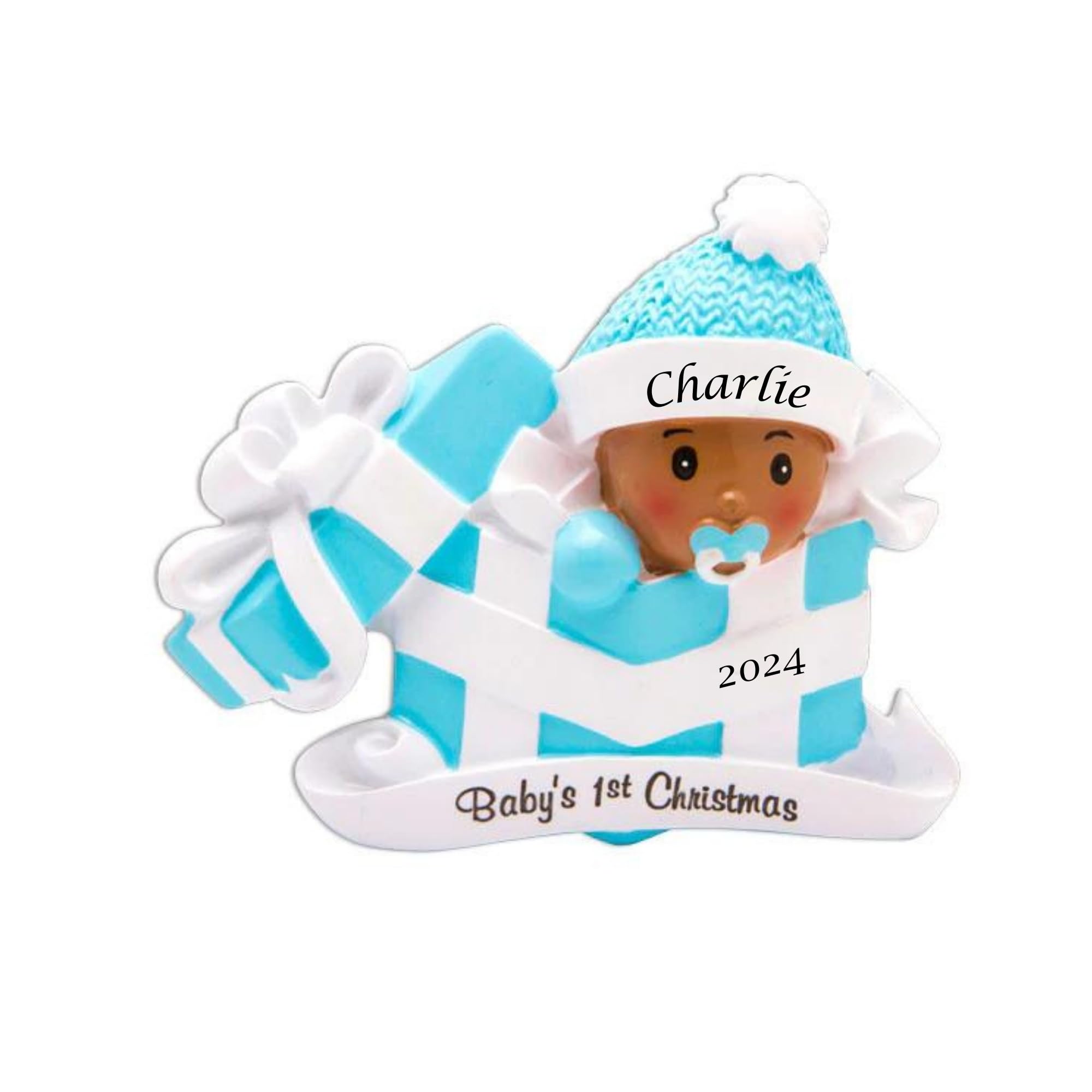 Personalized Baby's First Christmas Ornament 2024 - African American Boy in Gift Box - Custom Newborn Keepsake - Free Engraving - Perfect for Holiday Decor & Baby Shower Gifts