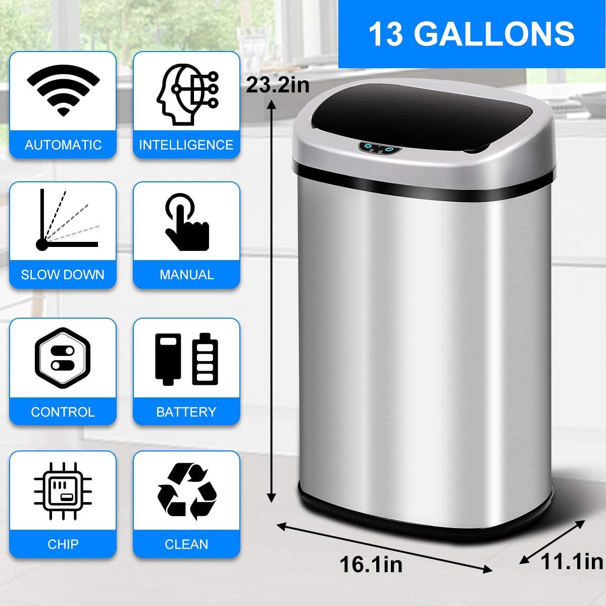 Stainless Steel Automatic Touchless Trash Can 13 Gallon/50L with Lid - High Capacity Kitchen Garbage Bin for Home, Office, Bathroom & Restroom - Brushed Silver Large Dustbin | Hands-Free Waste Disposal for Hygienic Living Spaces