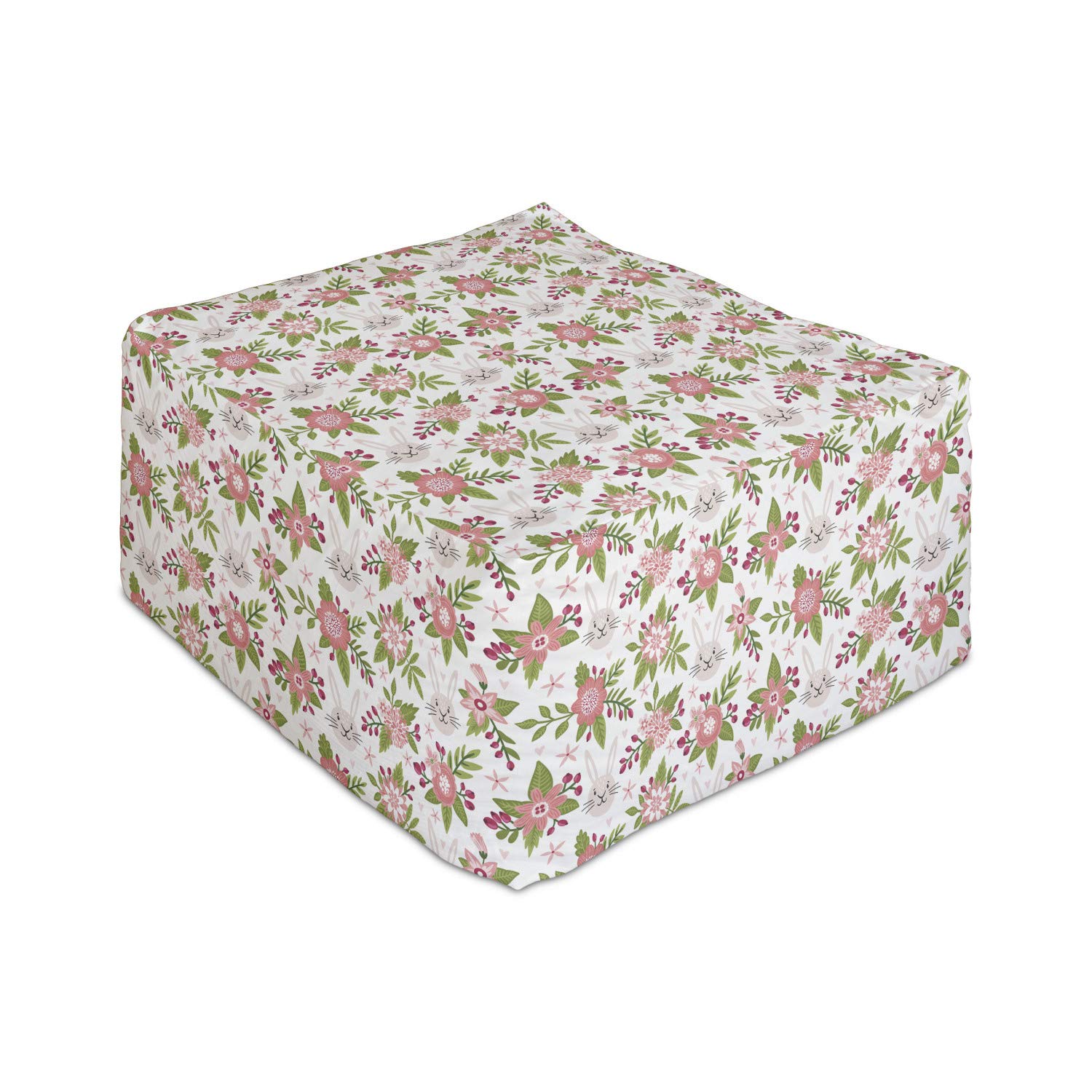 Ambesonne Floral Rectangle Pouf Ottoman - Blossoming Flower & Bunny Pattern Foot Rest Stool with Removable Cover, 25