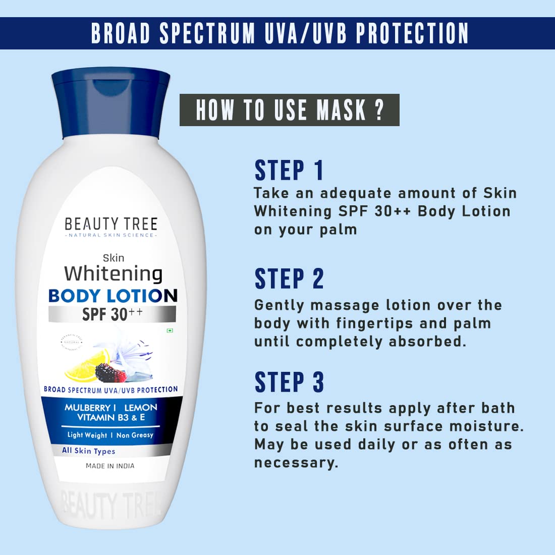 BEAUTY TREE Skin Whitening Body Lotion SPF 30 with Mulberry Extract, Lemon Oil, Vitamin B3 & E | Brightening & Sun Protection Moisturizer 400ml | Perfect for Daily Hydration & UV Defense