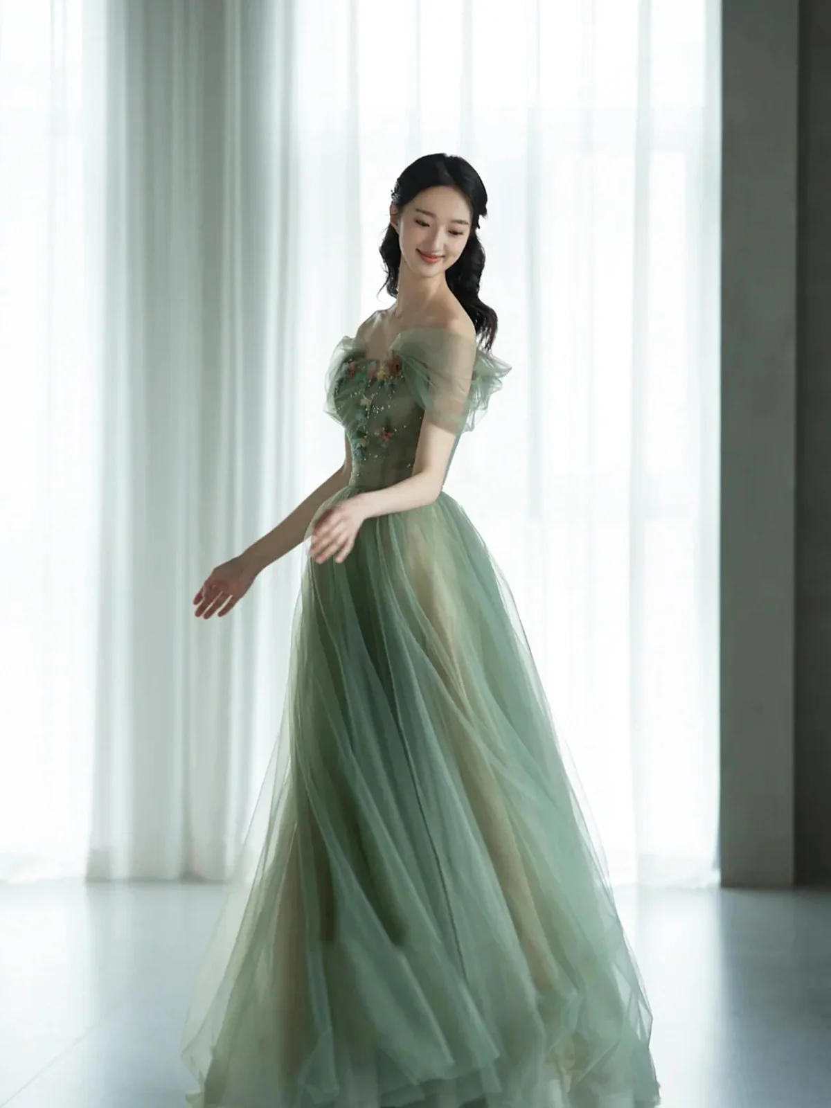 Elegant A-Line Green Tulle Off-Shoulder Prom Dress with 3D Floral Appliques - J4475 | Perfect for Evening Gala, Homecoming Dance, Wedding Guest & Special Occasions