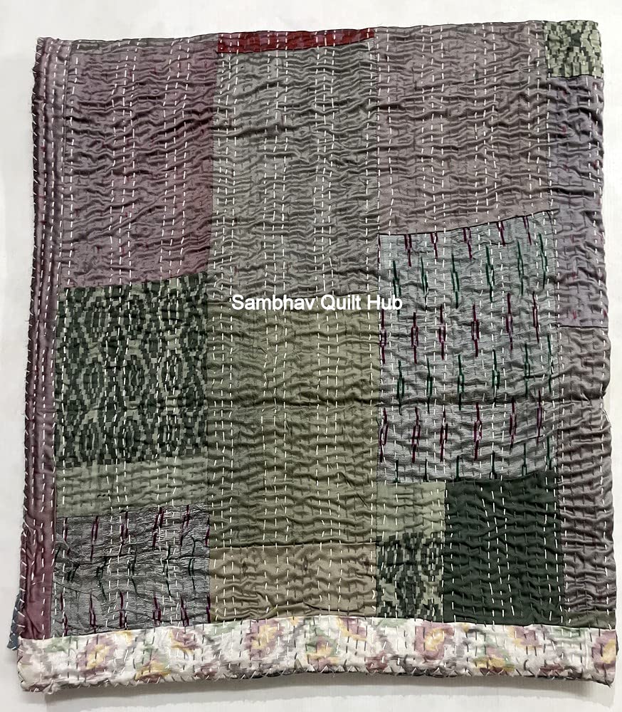 Handmade Silk Sari Patola Queen Size Kantha Quilt - 90x108 Inch Luxury Silk Bedspread & Throw Blanket (Multicolor Patchwork) for Twin/King/Queen Beds - Perfect for Home Decor, Wedding Gift & Cozy Bedroom Use