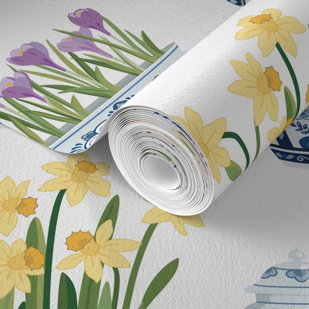 Premium Commercial Grade Wallpaper 27ft x 2ft - Floral Pots, Vases & Tulips Chinoiserie Delft Traditional Design | Spoonflower | Perfect for Living Room, Bedroom & Dining Room Decor