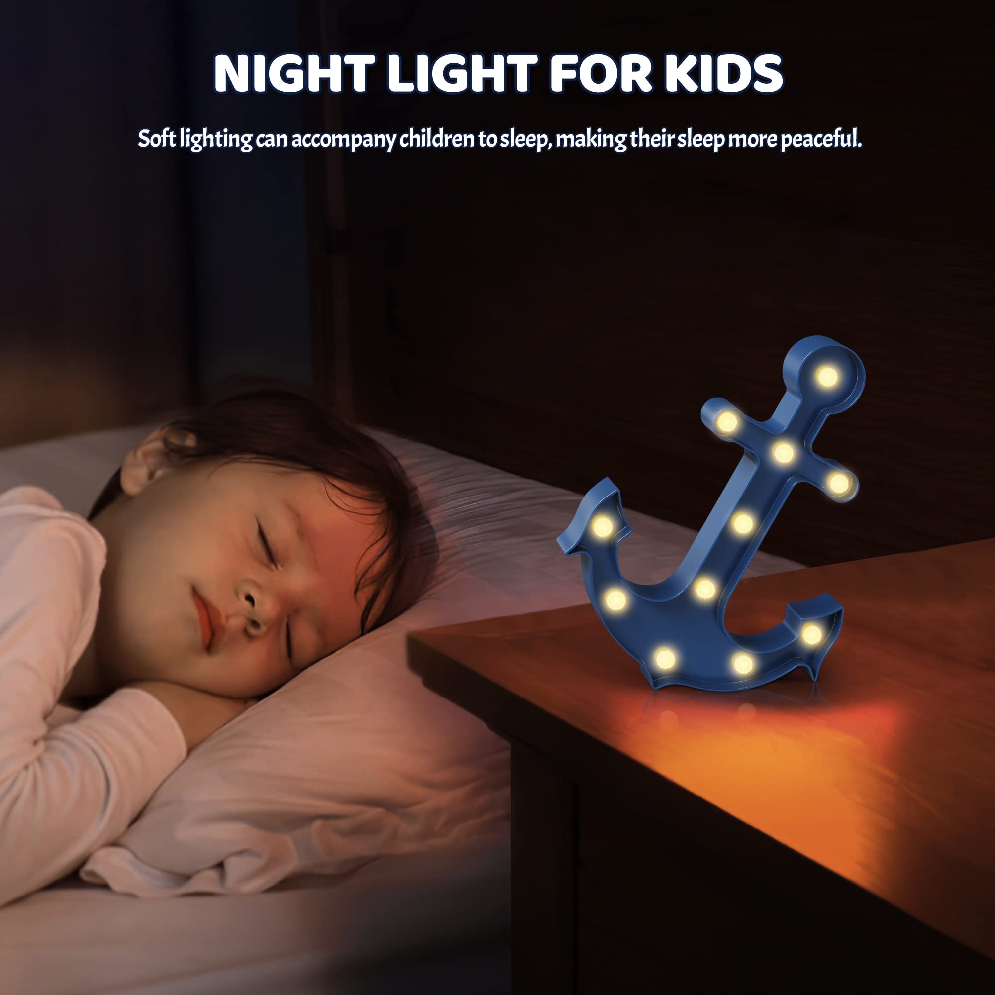 Blue Anchor Night Light for Kids - Battery Powered Beach Themed Nursery Decor, Coastal Wall Art & Ocean Themed Bedroom Lighting - Perfect for Baby Rooms, Bathrooms & Coastal Home Decor