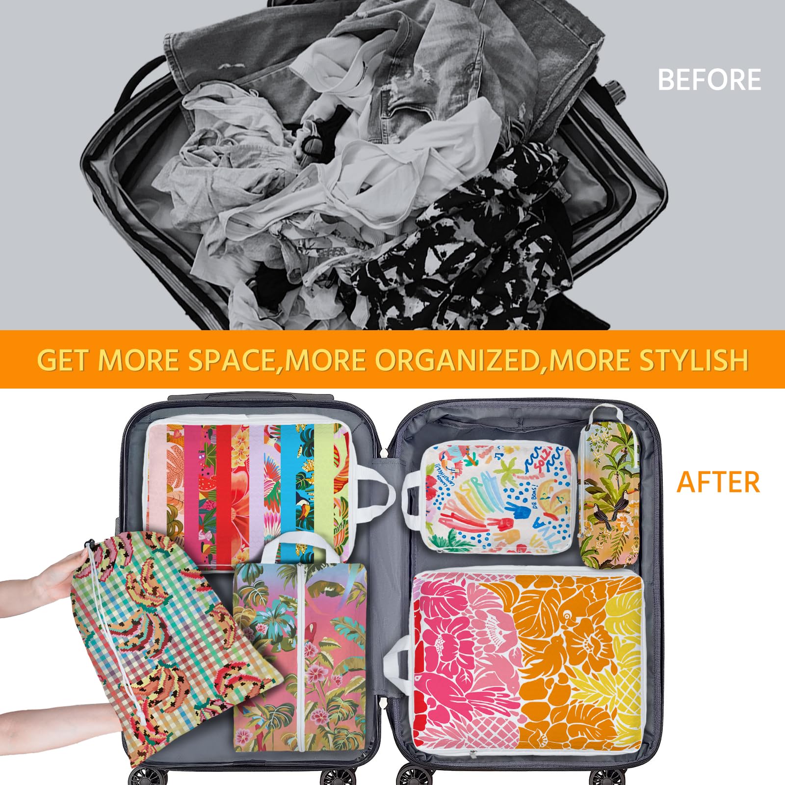 6-Piece Waterproof Compression Packing Cubes Set - Travel Organizer for Suitcase, Luggage & Backpack - Space-Saving Banana Design (Perfect for Tropical Vacations & Business Trips)
