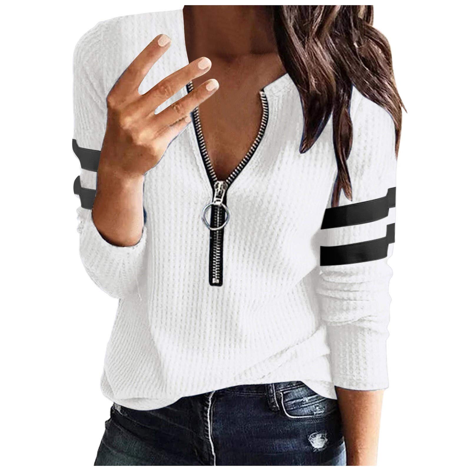 Women's Long Sleeve Knit Tunic Top with Fitted Neck & Long Zipper - Thermal Loose Shirt in White Polyester - Perfect for Winter Layering, Casual Outfits & Office Wear