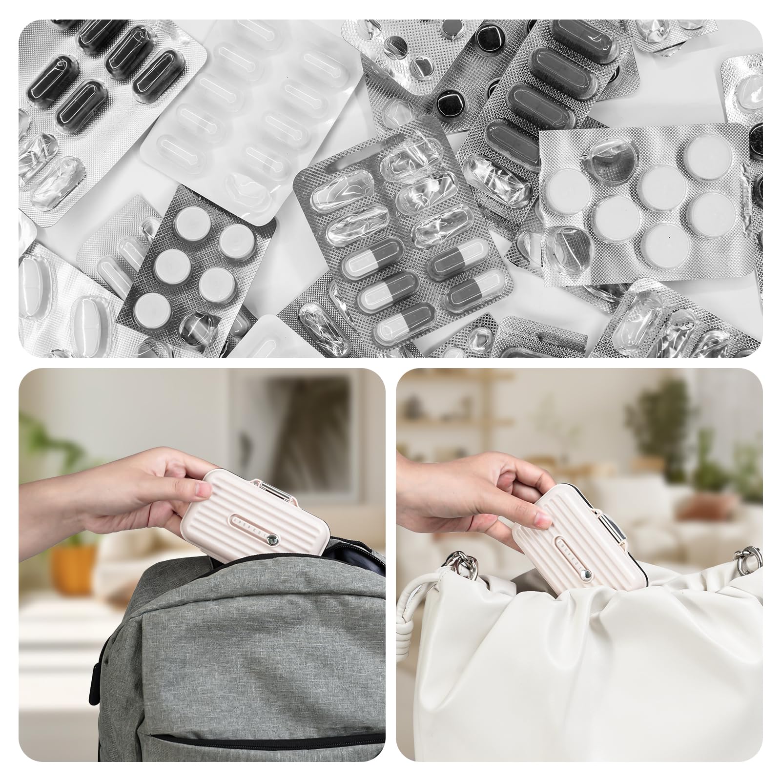 2-Pack 7-Compartment Travel Pill Organizer Box with Medicine Labels | Portable Daily Medication Case for Vitamins, Supplements & Pills | Perfect for Travel, Work, Gym & Home Use (Pearly White, S+L Size)