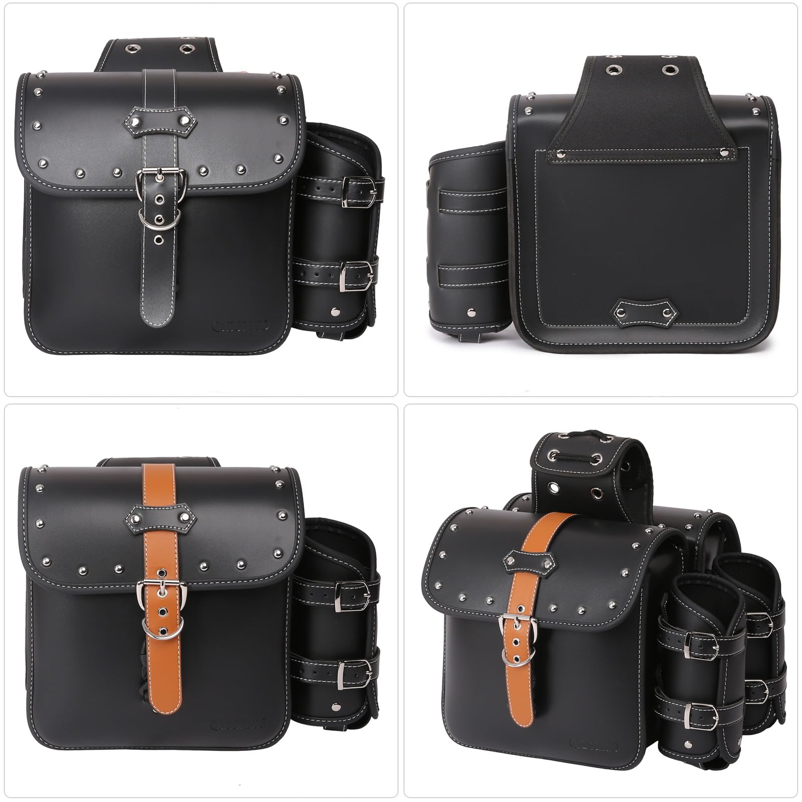 Premium High-Density Leather Motorcycle Saddlebags - Universal Throw Over Side Bags with Cup Holder, Waterproof Storage Tool Pouch for Harley, Cruiser & Touring Bikes (1 Pair, Black) - Perfect for Long Rides, Road Trips & Daily Commuting