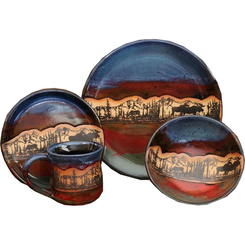 Forest Moose Pottery Dinnerware Set - Handcrafted Ceramic Plates, Bowls & Mugs for Rustic Home Dining - Perfect for Farmhouse Kitchens, Camping & Outdoor Entertaining