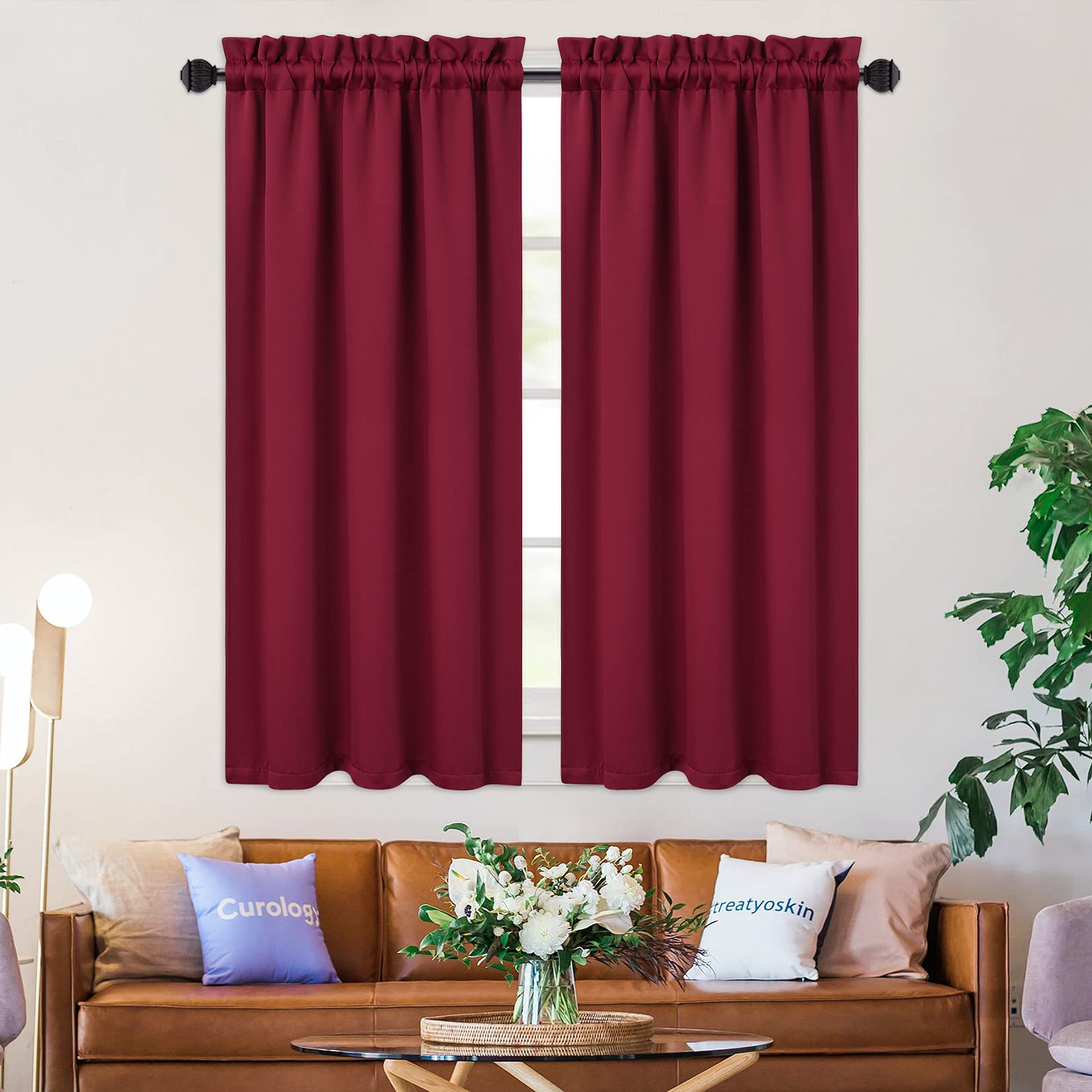 Half Window Kitchen Curtains & Valances Set of 2 - 26x45 Inch Burgundy Blackout Window Treatments for Bedroom & Kitchen - Energy Saving Short Drapes for Privacy & Light Control - Perfect for Small Windows, Apartments & Dorm Rooms