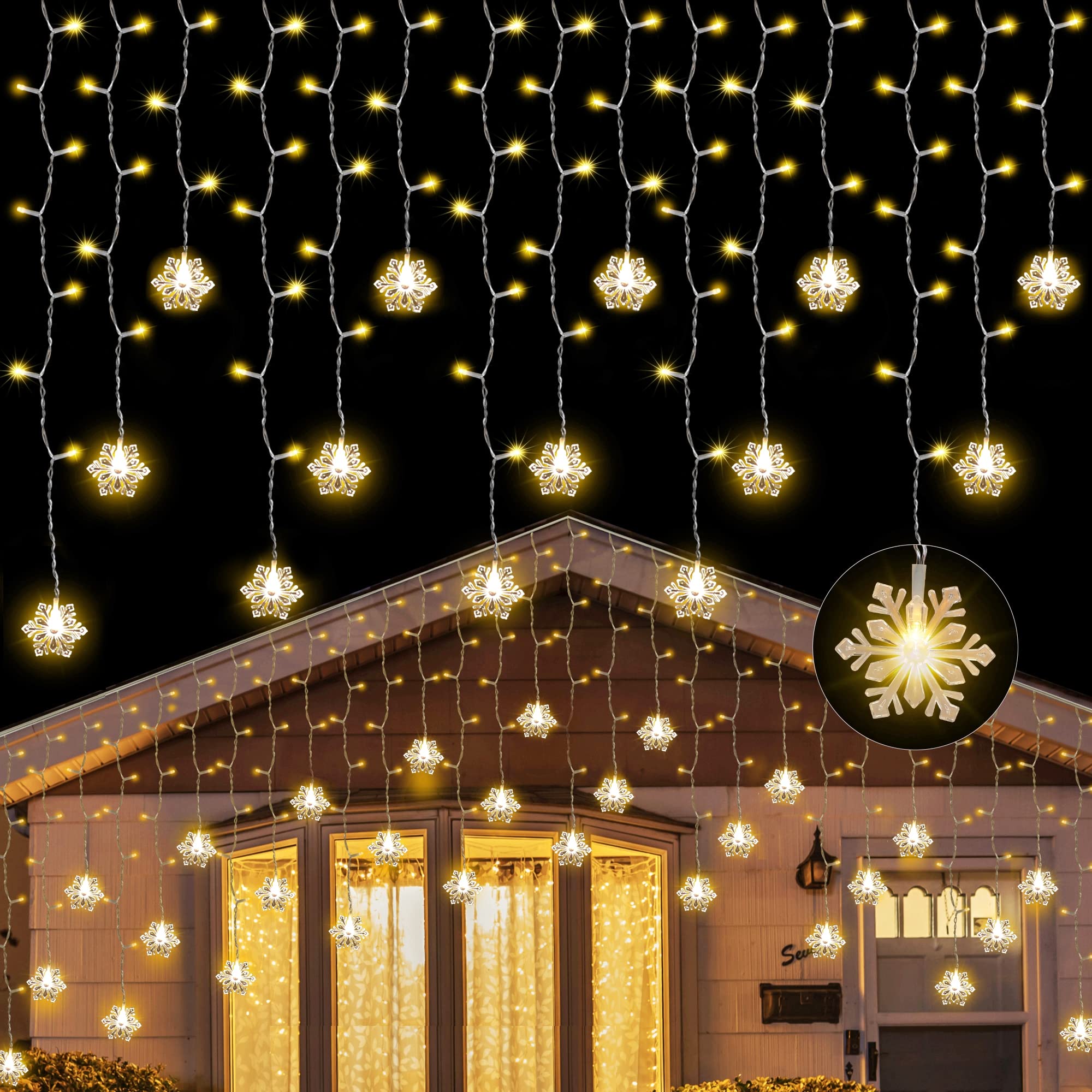 150 LED Icicle Lights with Snowflake - 8 Twinkle Modes Curtain Fairy Lights for Outdoor Christmas, Holiday, Wedding, Party, Garden, Porch, and Indoor Home Decoration (Warm White)
