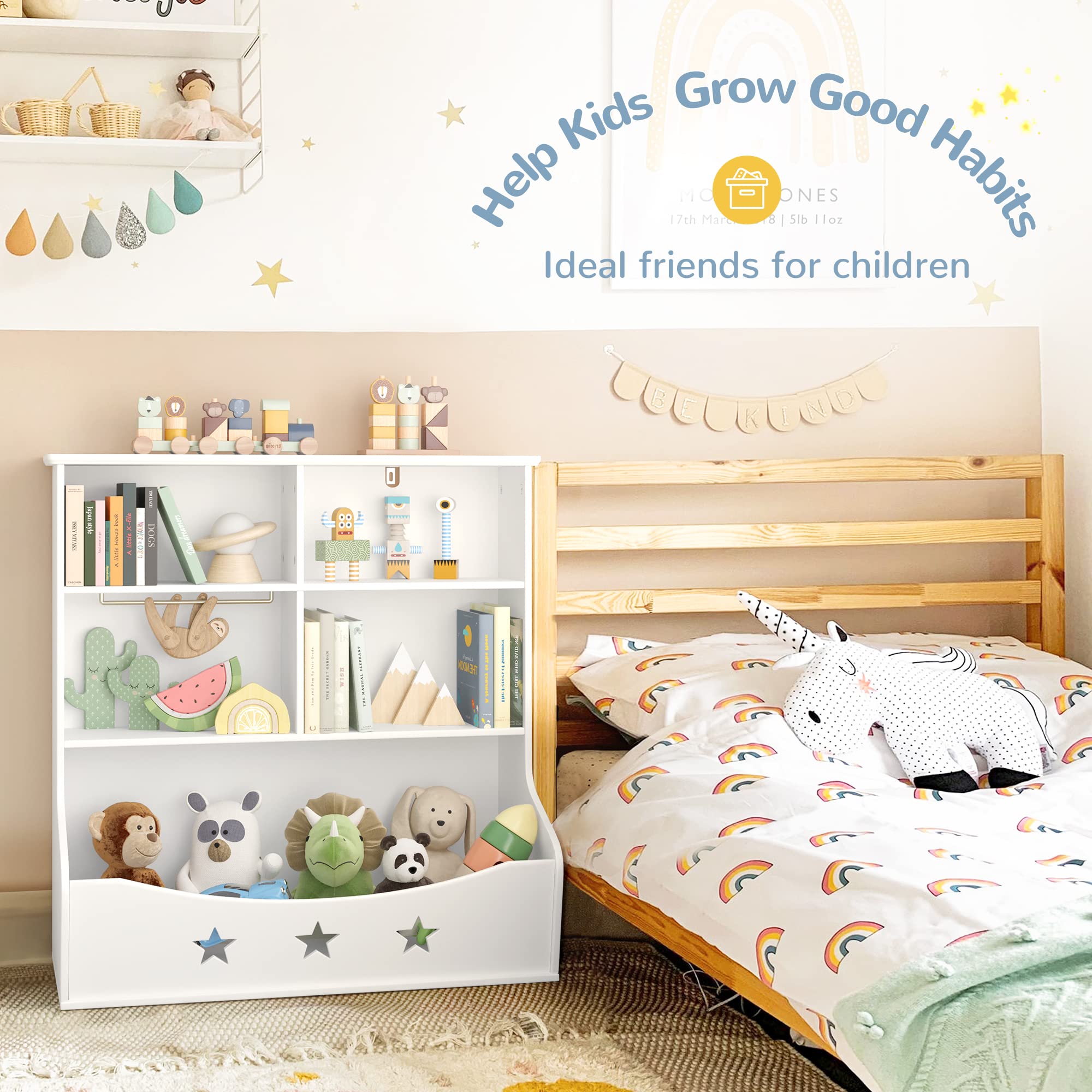 Wooden Kids Bookshelf with 5 Cube Storage - 3-Tier Open Bookcase & Toy Organizer, Star Pattern Design for Nursery, Playroom, Bedroom (White) | Perfect for Organizing Children's Books, Toys & Decor in Home or Classroom