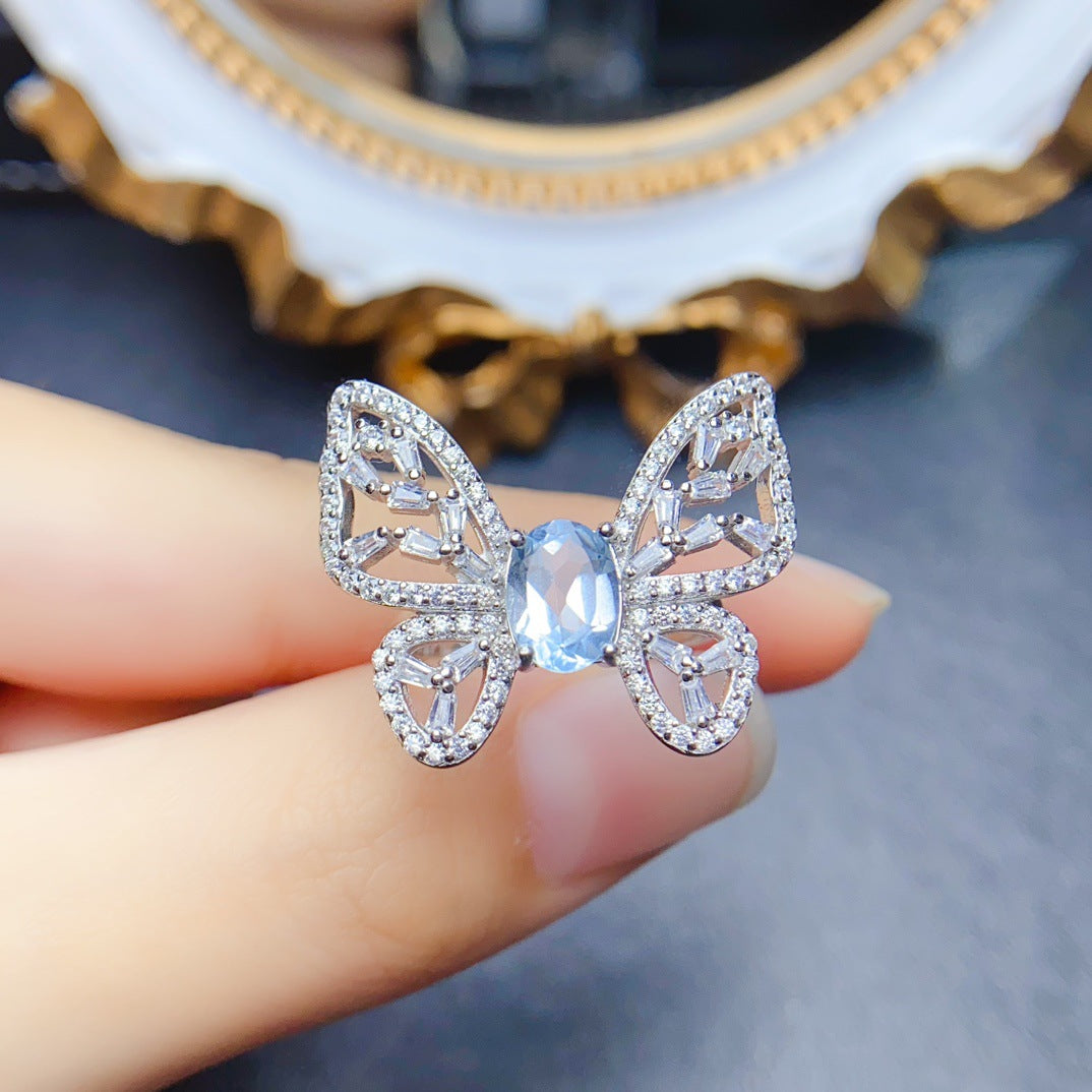 18K Gold Butterfly Aquamarine Crystal Ring for Women - Elegant Vintage Jewelry Gift for Birthday, Anniversary & Valentine's Day | NS2401