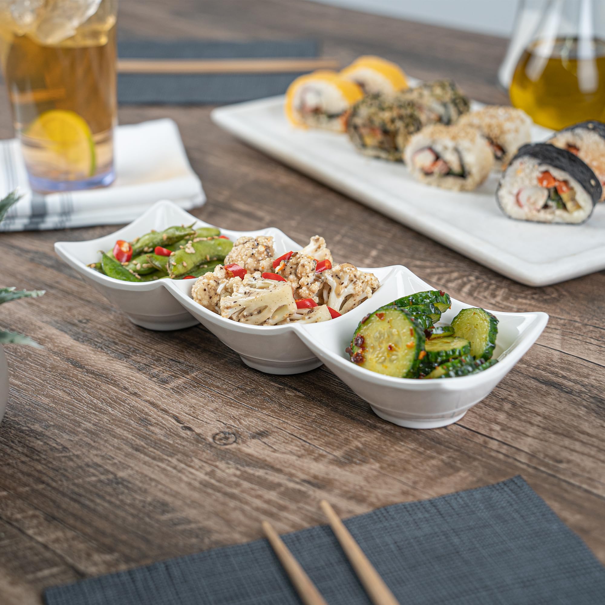 Voga 8.5 oz Square Melamine Serving Dishes - 3 Compartment Appetizer Plates for Dips, Snacks & Condiments | Durable Restaurantware for Catering, Parties & Home Entertaining