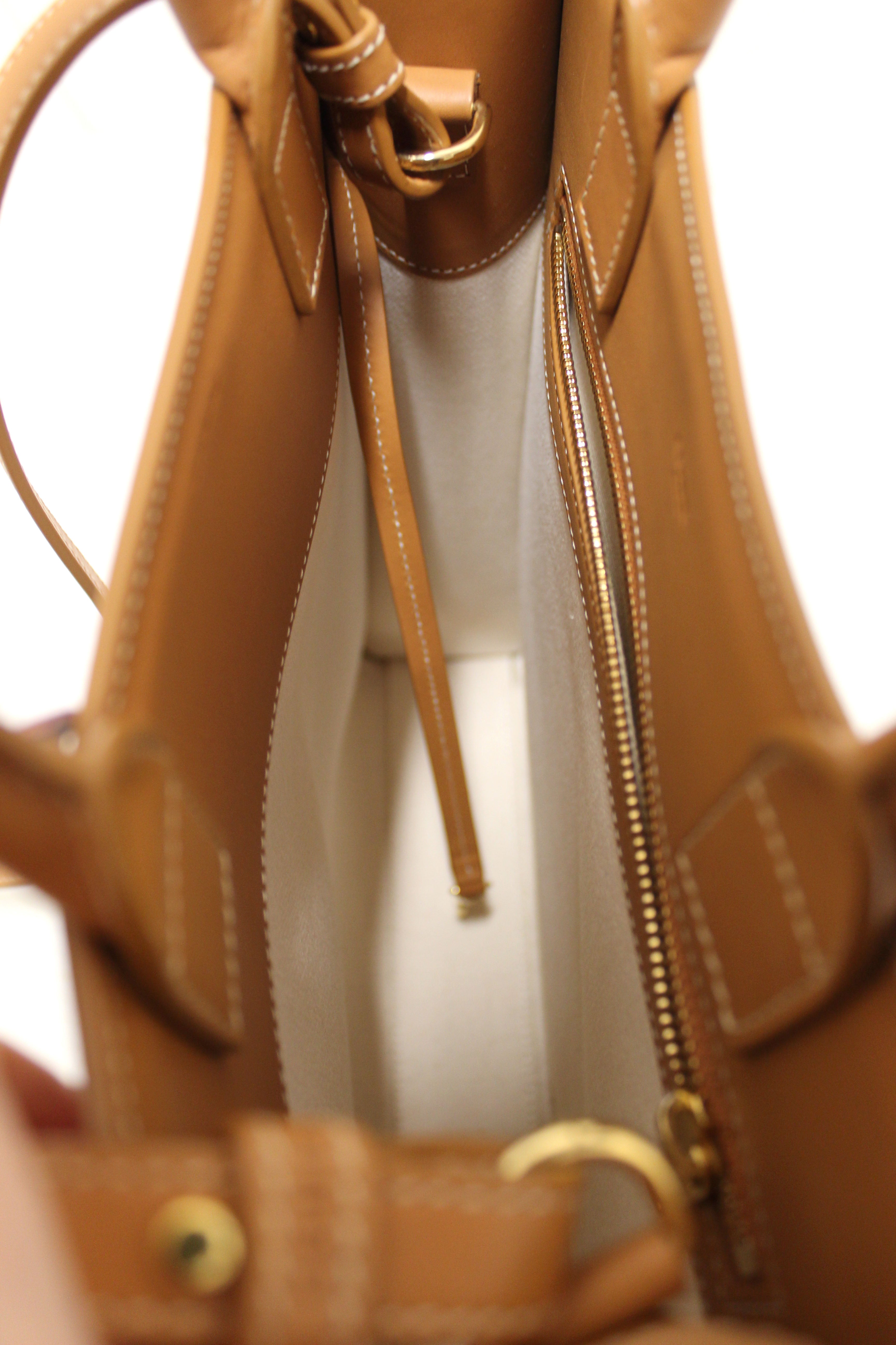 Authentic Celine Small Vertical Cabas Bag in Beige Canvas with Brown Calfskin Logo Print - Luxury Handbag for Women, Perfect for Work, Travel & Everyday Use
