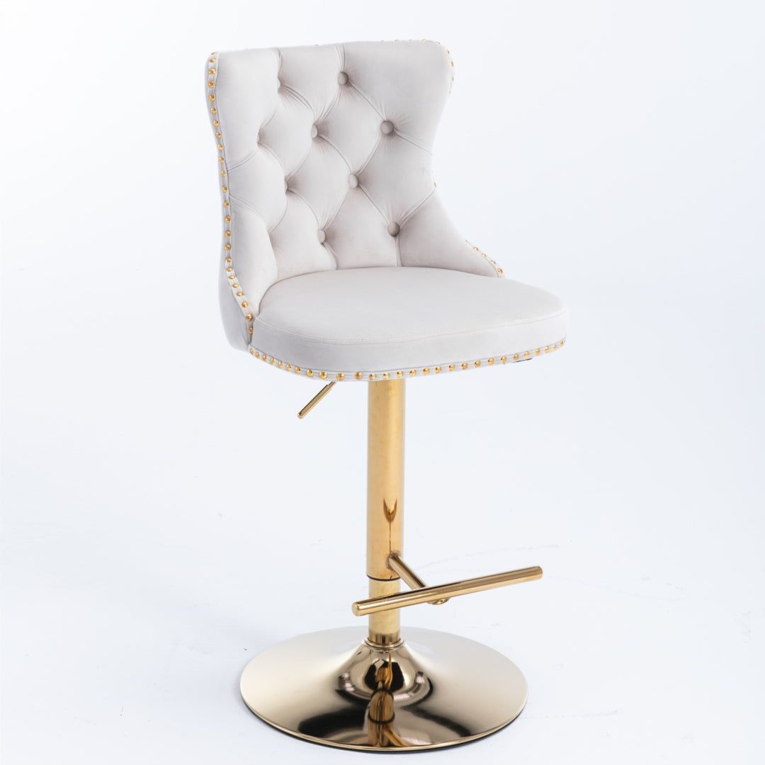 Adjustable Height Swivel Bar Stool with Footrest - Velvet Upholstery, Gold Metal Base & Studded Design - Perfect for Kitchen Islands, Home Bars & Dining Areas (Beige)