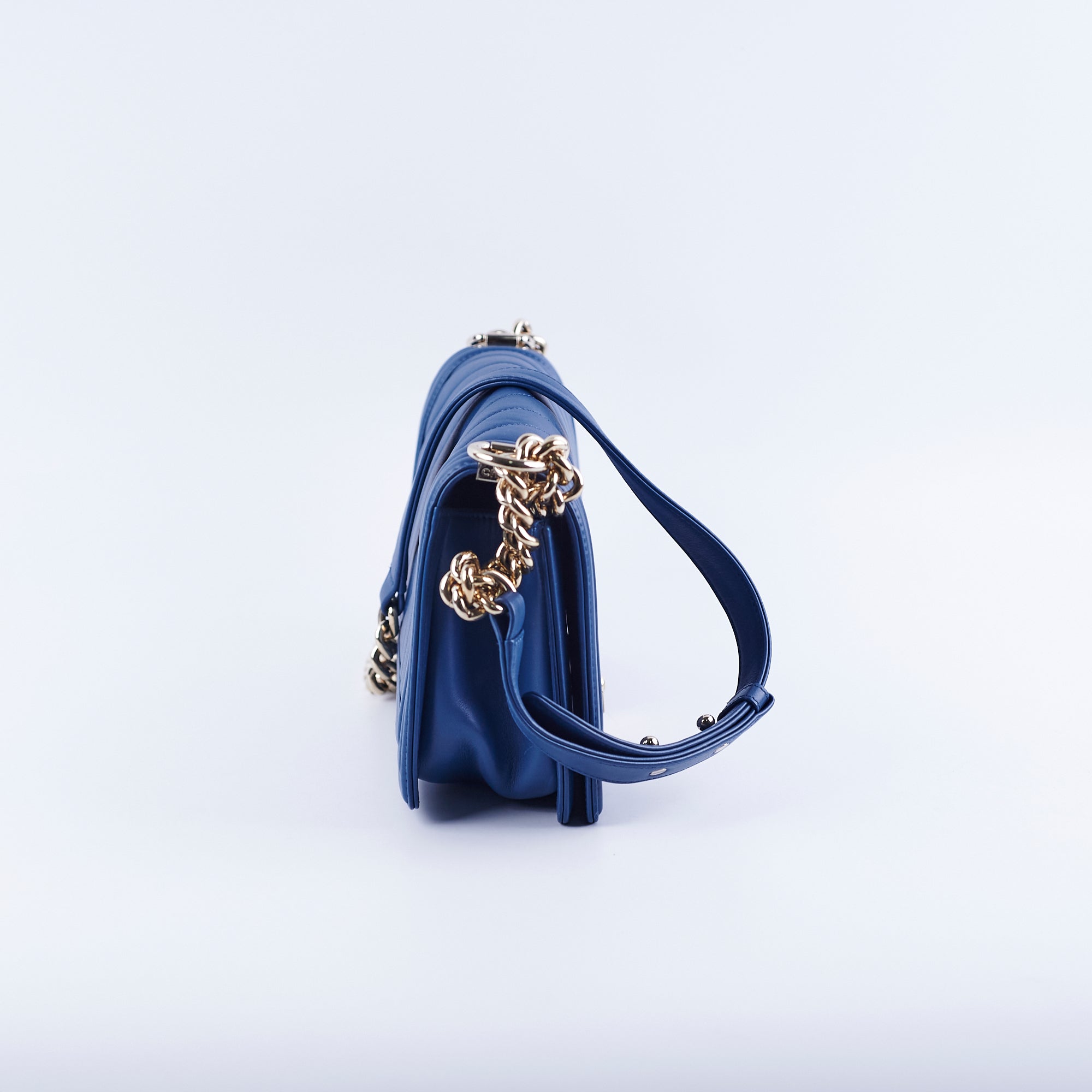 Chanel Old Medium Boy Chevron Lambskin Blue Leather Handbag - Luxury Crossbody Bag for Women, Perfect for Date Night & Special Occasions