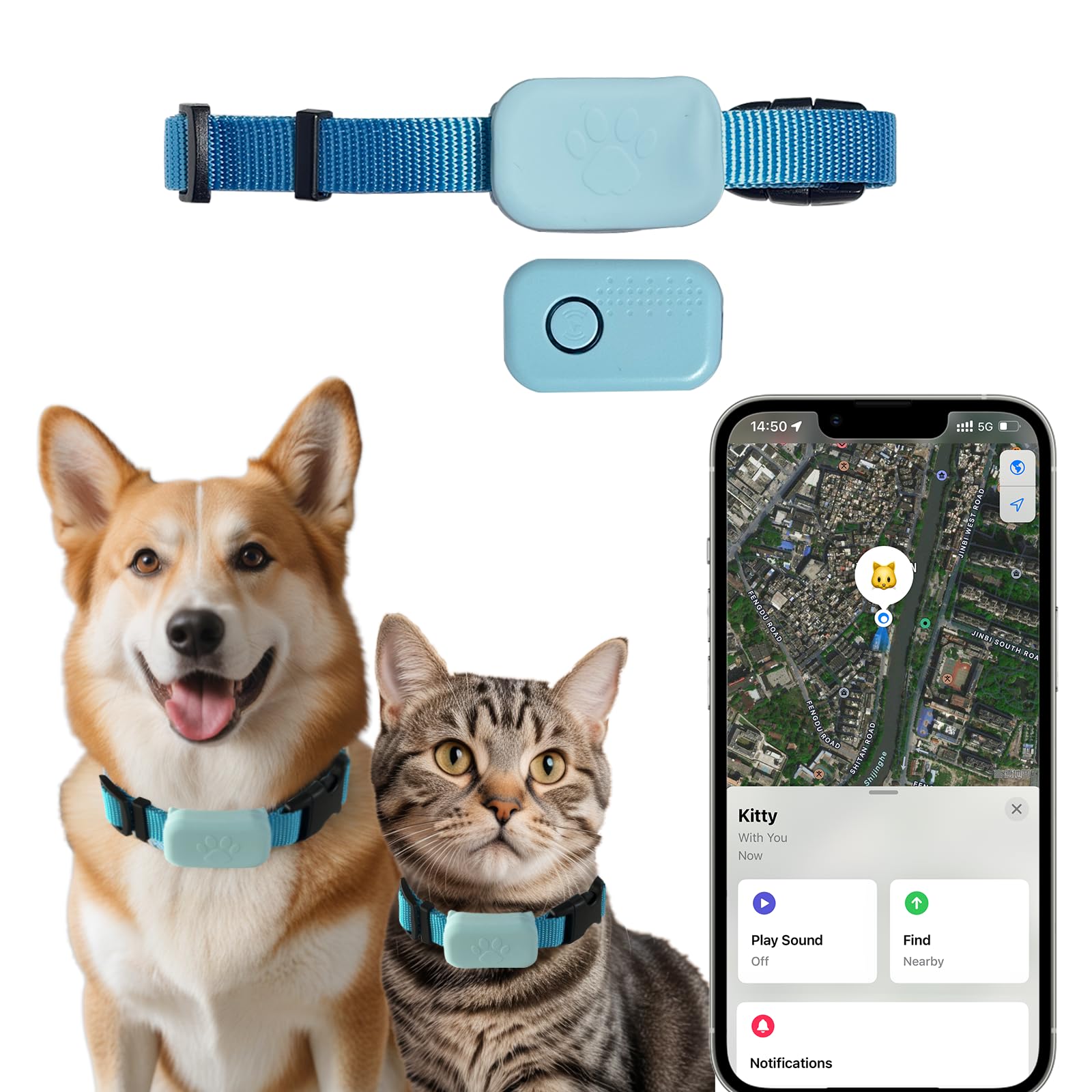 **Waterproof GPS Pet Tracker Collar for Dogs & Cats - Long Battery Life, Worldwide Tracking, iOS Compatible, No Monthly Fees - Perfect for Hiking, Travel & Outdoor Adventures (Blue)**