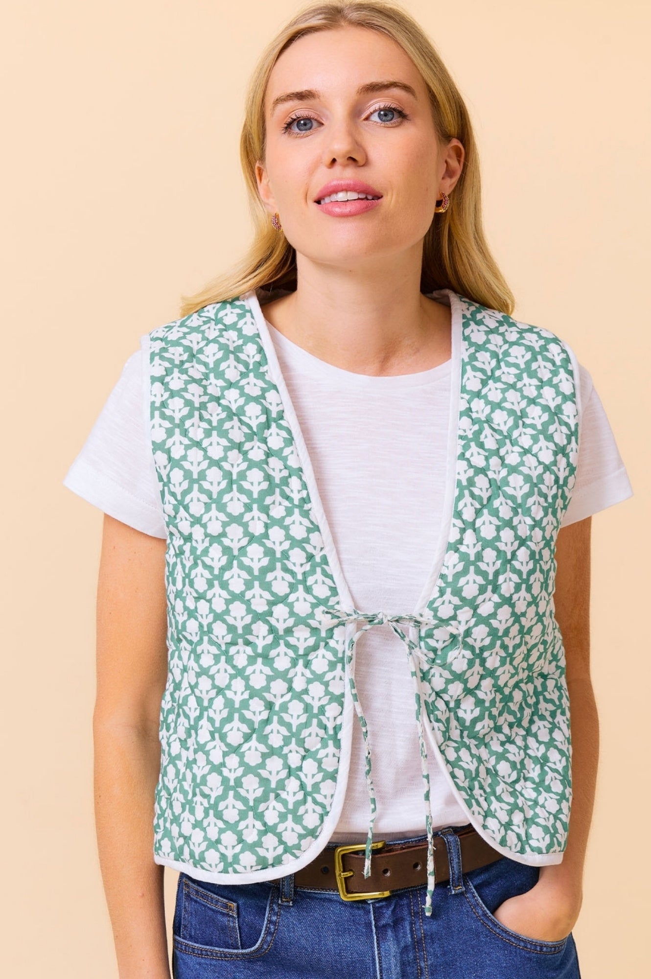Arlo Quilted Organic Cotton Gilet Vest for Women - Flower Stamp Sage/White - Lightweight Layering Piece for Fall & Winter Fashion