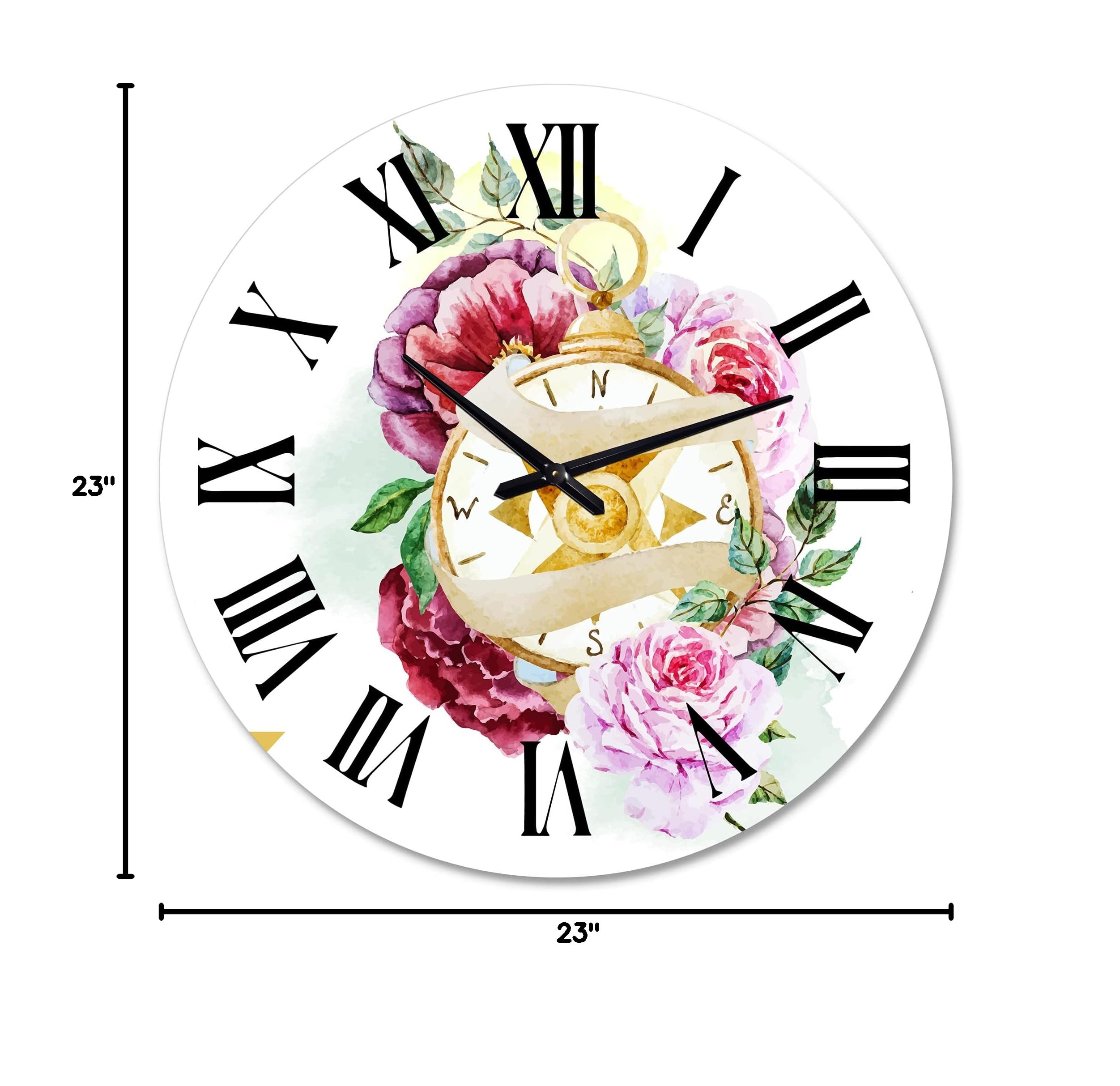 DesignQ Traditional Wall Clock 'Compass of Flowers' - Large Floral & Botanical Wall Clock for Kitchen, Living Room, Bedroom Decor | Perfect for Home, Office & Farmhouse Style