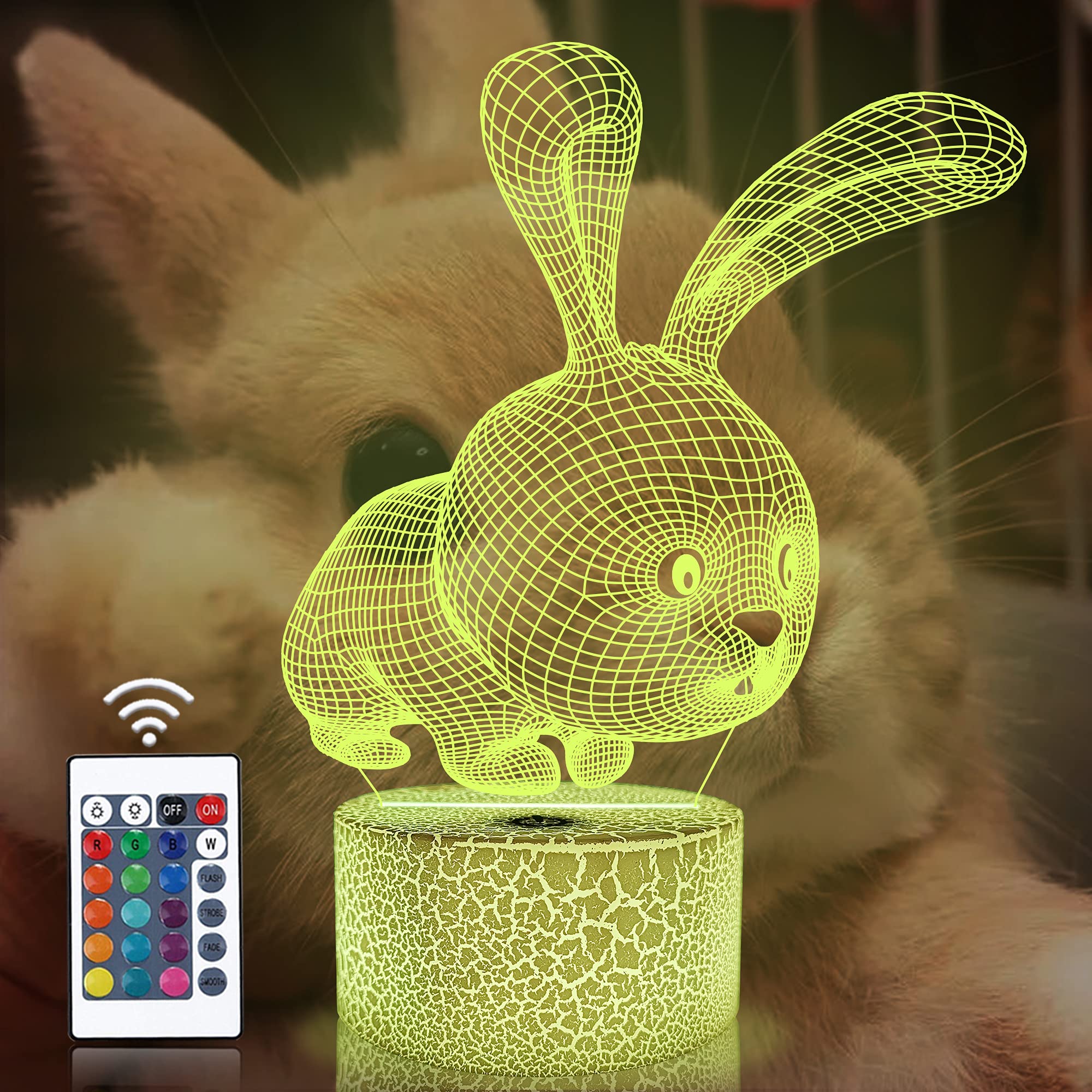 Attivolife 3D Illusion Rabbit Night Light - 16 Color Changing LED Desk Lamp with Remote Control & Timer, Cute Bunny Decor for Kids Room, Cool Birthday Gift for Boys, Girls & Adults - Perfect for Bedrooms, Nurseries & Party Decorations