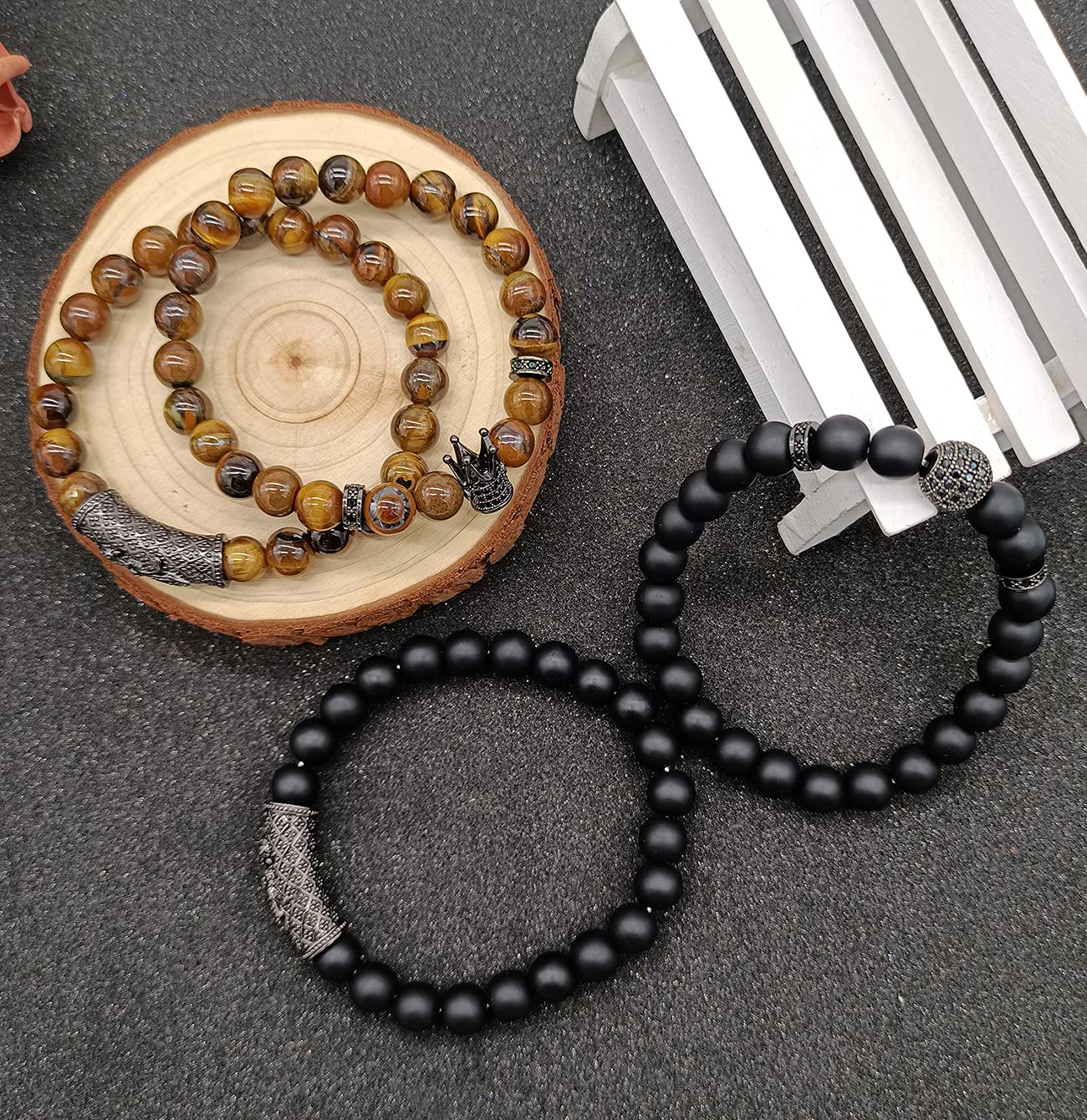 4 Pcs 8mm Crown King Bracelets for Men & Women - Tiger Eye & Black Matte Onyx Natural Stone Beads Set | Cool Unisex Jewelry Gift for Everyday Wear, Yoga & Meditation