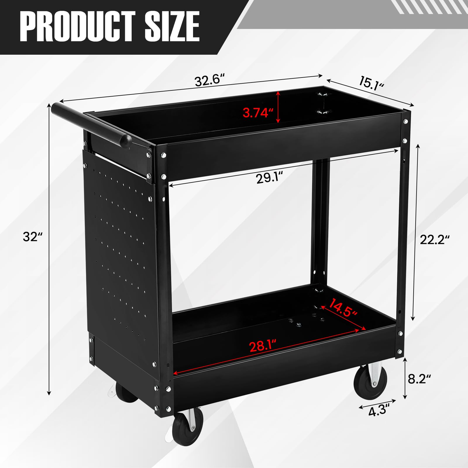 GARVEE 2-Tier Heavy Duty Rolling Tool Cart - 330 Lbs Capacity Steel Utility Cart with Wheels - 2-Shelf Metal Storage Organizer for Mechanics, Garage, Workshop & Warehouse - Perfect for Tool Organization and Mobile Workstations