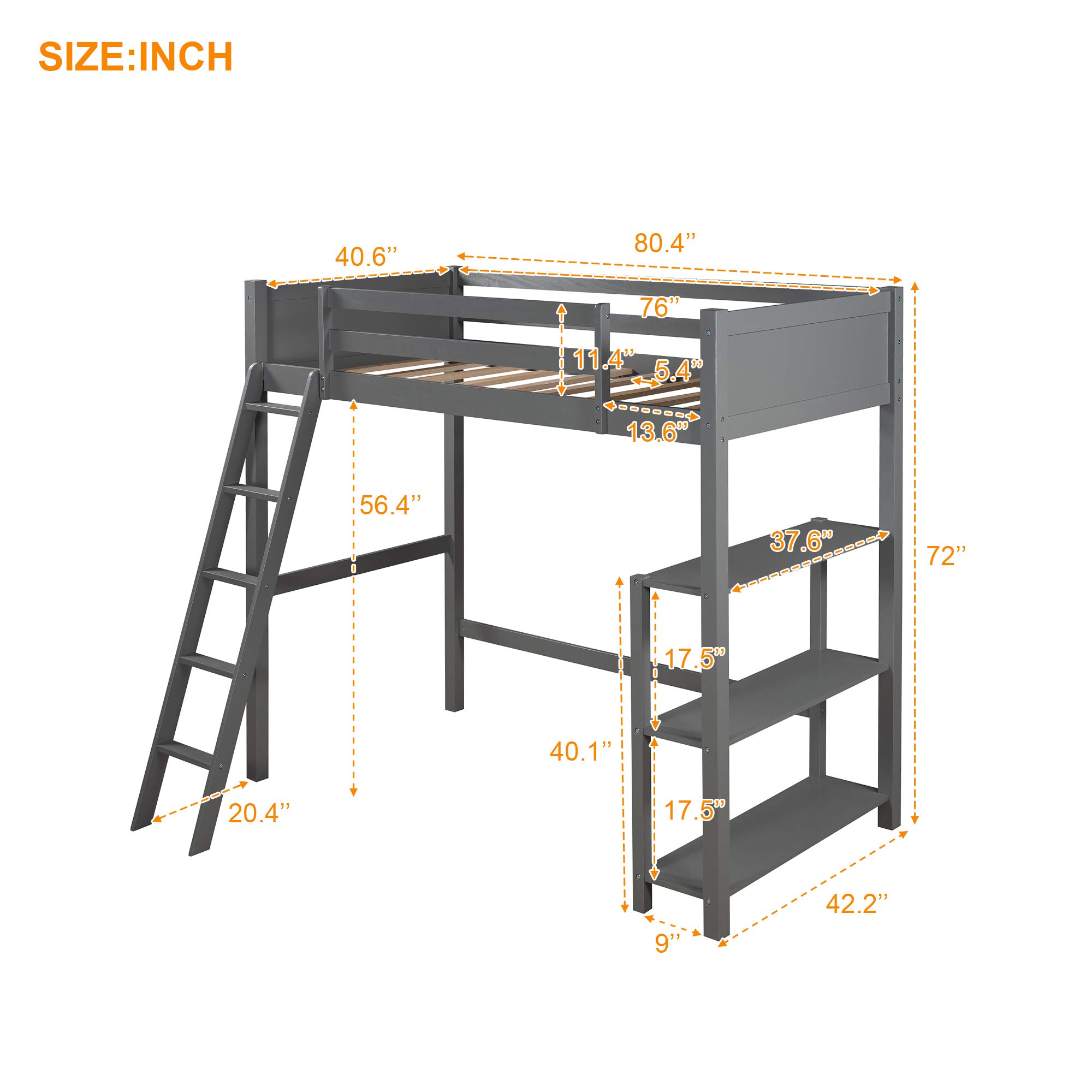 Kids Wooden Twin Loft Bed Frame with Storage Shelves & Angled Ladder - No Box Spring Needed, Space-Saving Gray Loft Bed for Small Rooms, Dorm, or Apartment - Perfect for Sleep, Study & Play