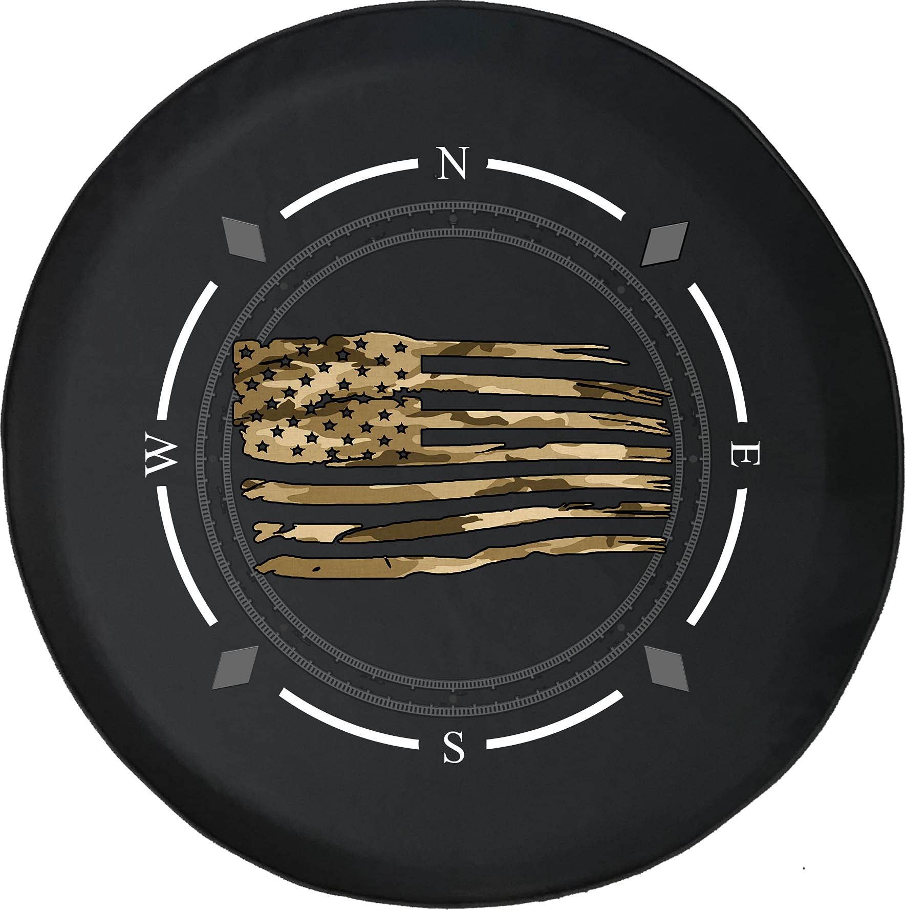 Spare Tire Cover with Compass & Waving American Flag - Green Camo Military Design - Universal Fit for SUV, Trailer, RV & Most Vehicles | Durable Wheel Protection for Off-Road Adventures & Patriotic Style