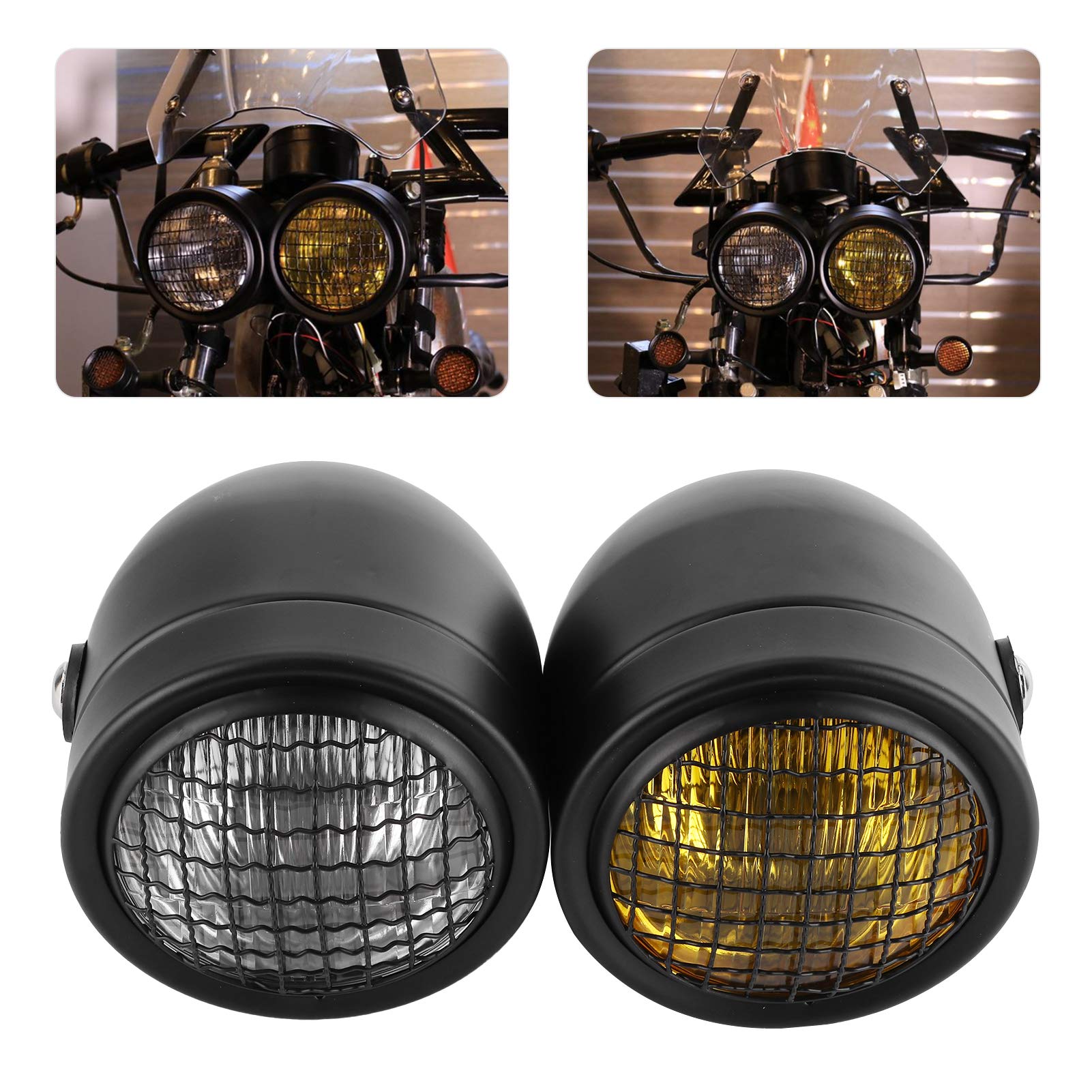 8.2in Retro Motorcycle Headlight - Dual Lamps, Yellow/White Light for Night Riding
