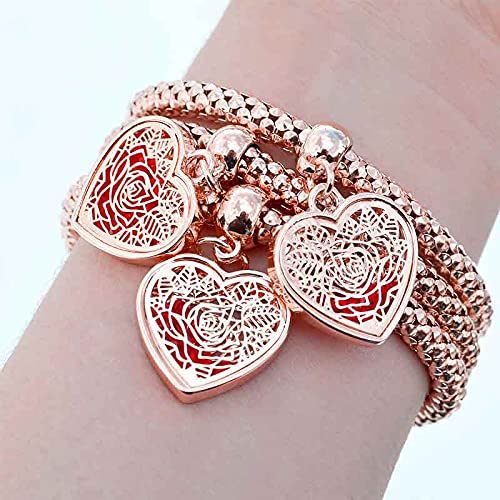 SILANER Crystal Charms Multilayer Bracelets - 3PCS Gold/Silver/Rose Gold Corn Chain Bracelet for Women, Tree of Life Heart Shaped Stretch Bracelet | Elegant Stackable Jewelry for Everyday Wear, Gift for Her, Boho Chic Accessories
