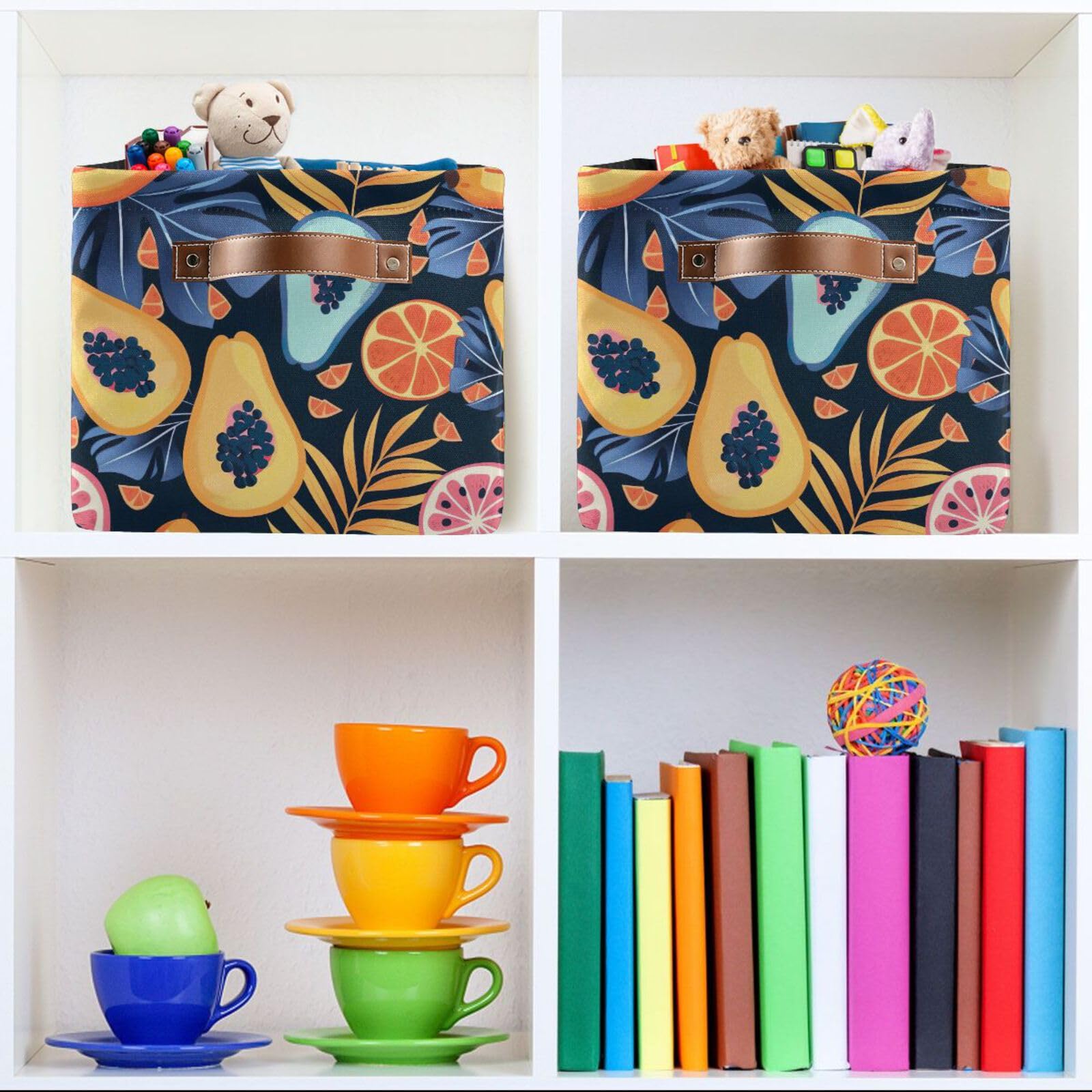 Qilmy 2-Pack Collapsible Canvas Storage Baskets with Leather Handles - Tropical Fruits Design Rectangular Organizer Bin for Closet, Office, Nursery & Home Decor | Perfect for Toy Storage, Laundry Hamper & Shelf Organization