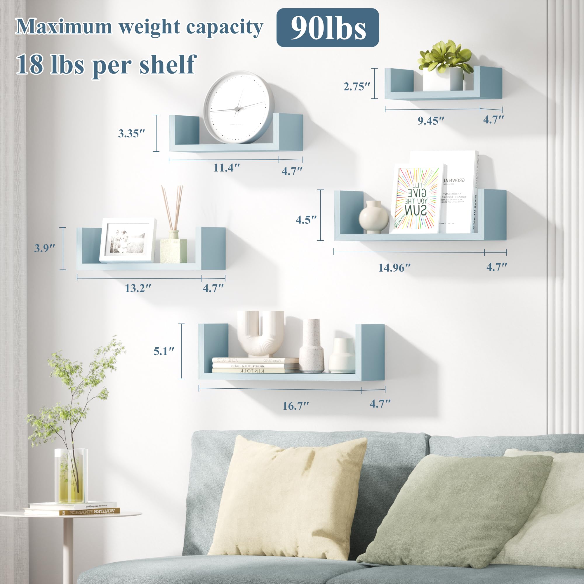 SRIWATANA Floating Wall Shelves Set of 5 - Rustic Wooden Shelves for Bathroom, Bedroom, Living Room, Kitchen & Office Decor (Blue) - Perfect for Organizing Books, Plants & Decorative Items