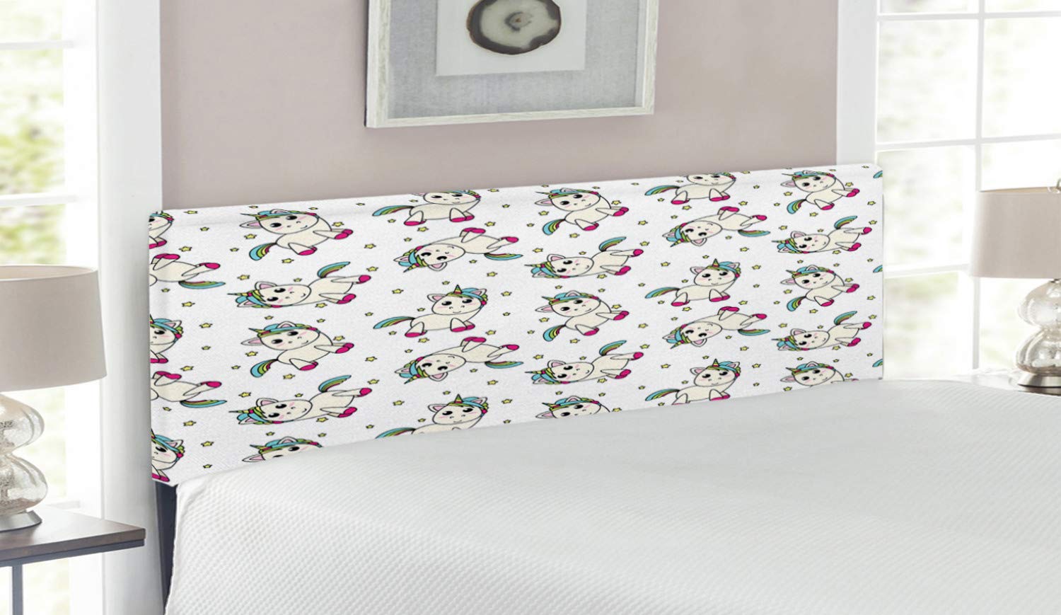 Ambesonne Unicorn Headboard - Colorful Cartoon Mythical Animal with Rainbow Mane & Star Background, Upholstered Decorative Metal Bed Frame with Memory Foam, Queen Size, Multicolor - Perfect for Kids' Bedroom, Fantasy Themed Room & Unique Home Decor