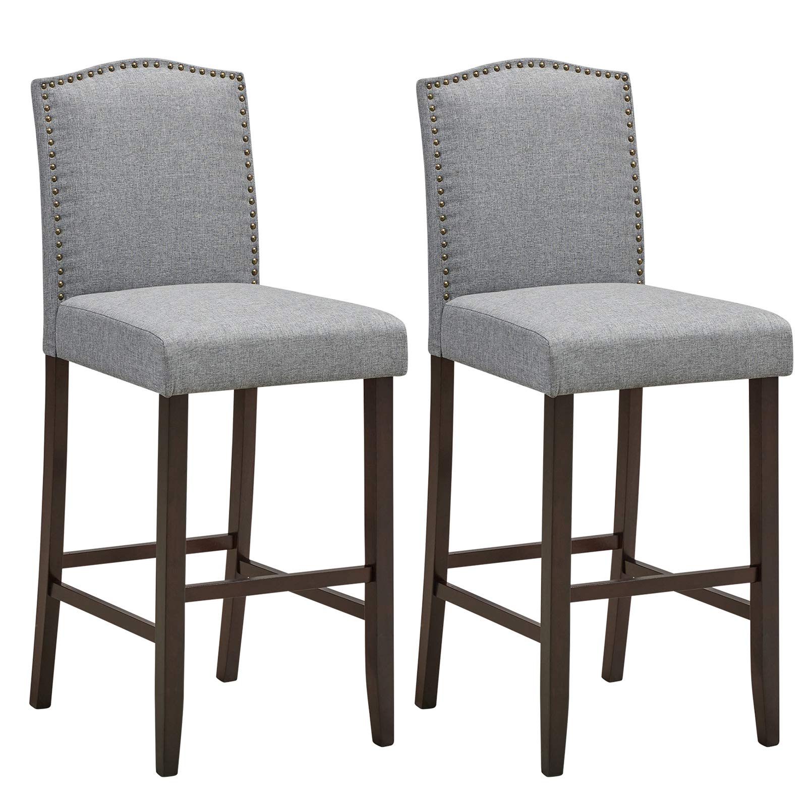 COSTWAY 2-Pack 29 Inch Upholstered Bar Stools with S-Shaped Spring Thick Cushion, Rubber Wood Legs, High Back Counter Stools for Kitchen Island, Breakfast Bar, Dining Room & Living Room (Set of 2, Grey) - Perfect for Entertaining, Casual Dining & Home Decor