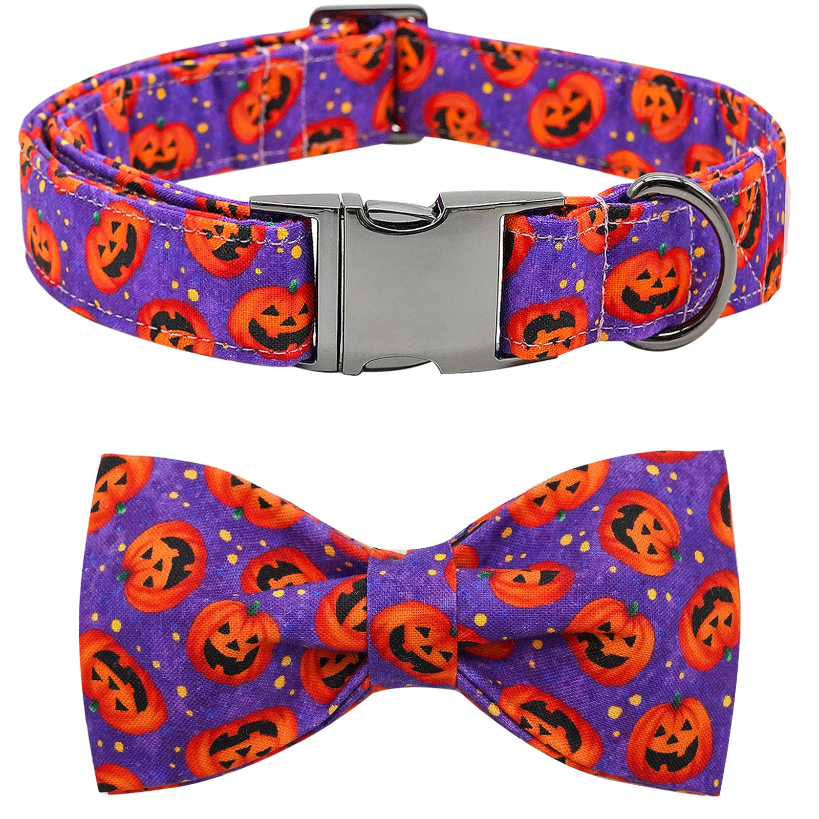 **Halloween Pumpkin Bowtie Dog Collar – Adjustable Soft Pet Collar with Metal Buckle for Small Dogs – Perfect for Halloween Costumes & Pet Parties**