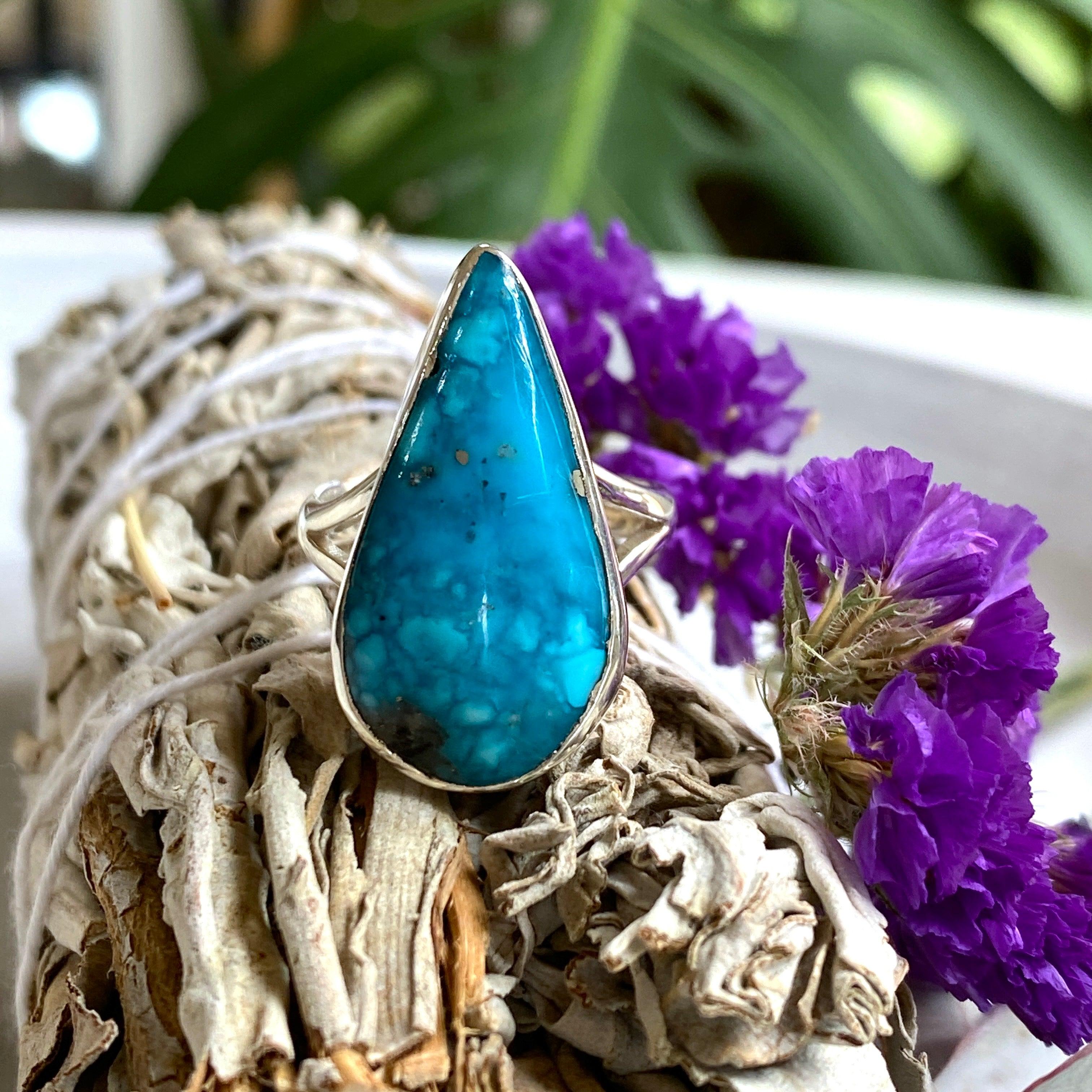 Iranian Turquoise Teardrop Ring - Size 9 - KRGJ2542 - Elegant Handmade Jewelry for Women, Perfect for Weddings, Parties & Special Occasions