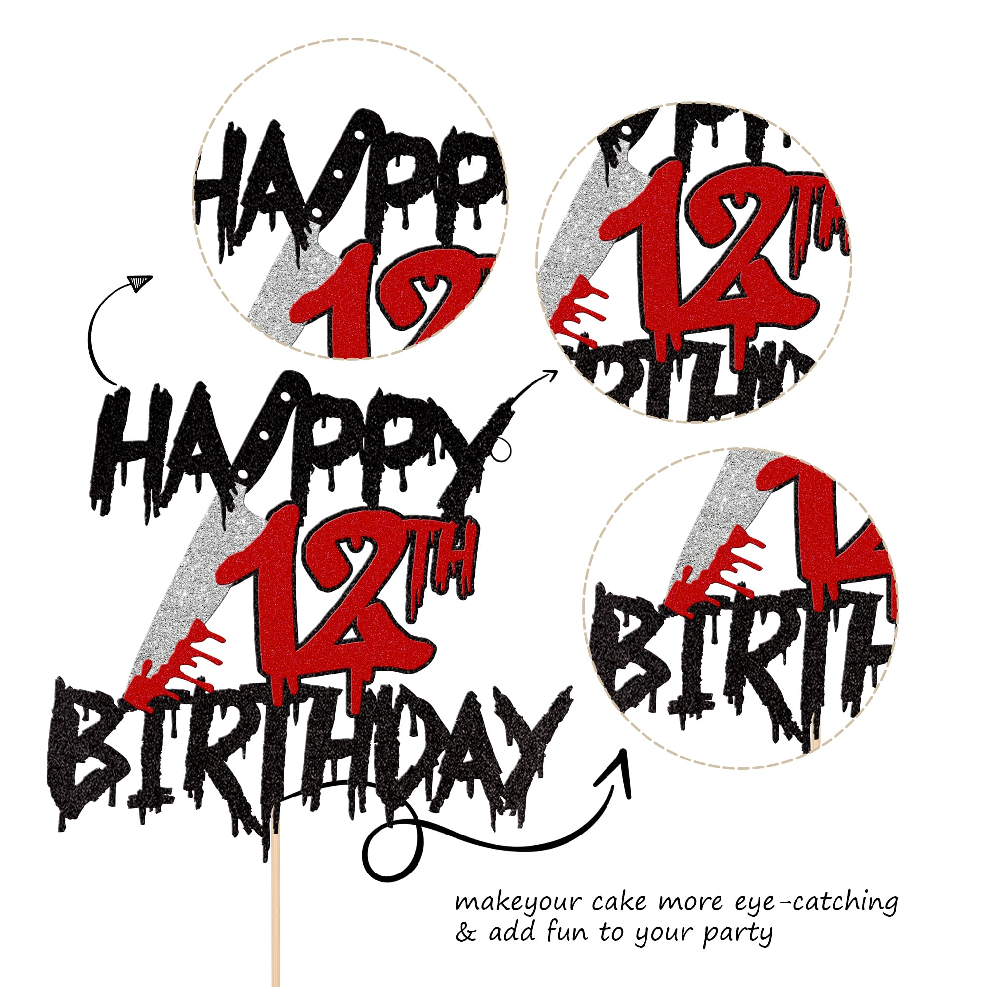 12th Birthday Cake Topper - Black Glitter 'Cheers to 12 Years' Horror Blood Knife Decor for Killer Birthday Party | Halloween Cake Decoration Supplies | Perfect for Spooky Celebrations & Themed Parties