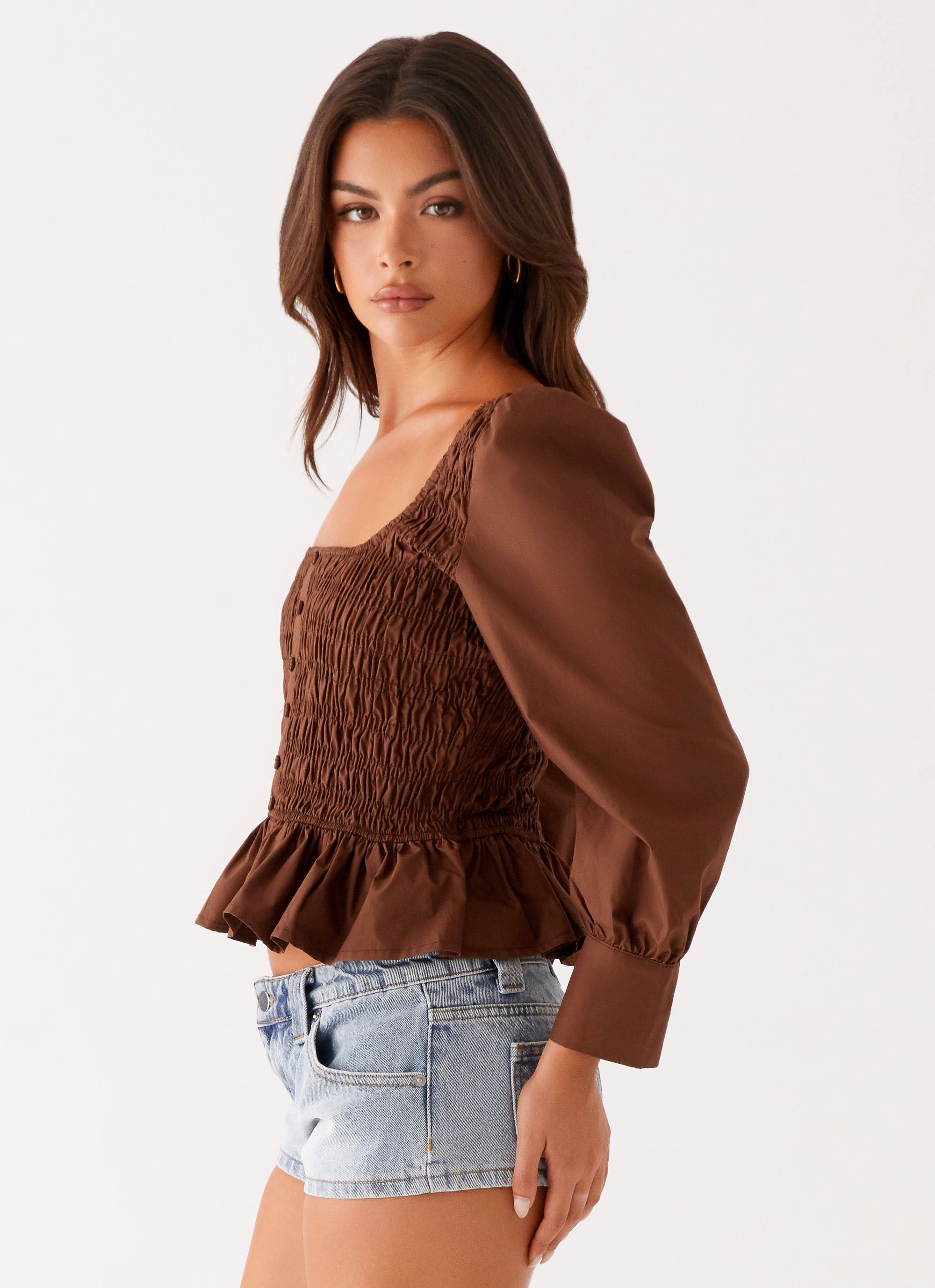 Joyce Women's Long Sleeve Shirred Blouse - Chocolate Brown Tops for Fall & Winter | Casual Office Wear & Date Night Outfits