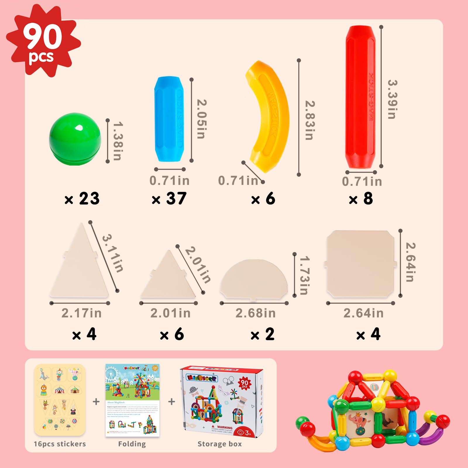 MAGBLOCK 90PCS Magnetic Building Sticks & Blocks STEM Toys for Boys Girls Ages 3-8, Educational Magnet Sticks Balls Rods Construction Set, Montessori Sensory Learning Toys for Toddlers Preschool Kids – Perfect for Classroom, Home Play & Creative STEM Activities