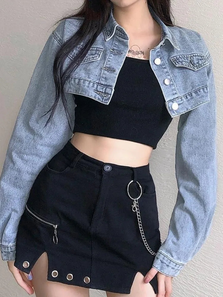 Vintage Long Sleeve Crop Denim Jacket for Women - Distressed Denim Bomber Jacket & Cardigan Coat - Spring & Fall Casual Outerwear - Perfect for Street Style, Date Nights & Weekend Outings