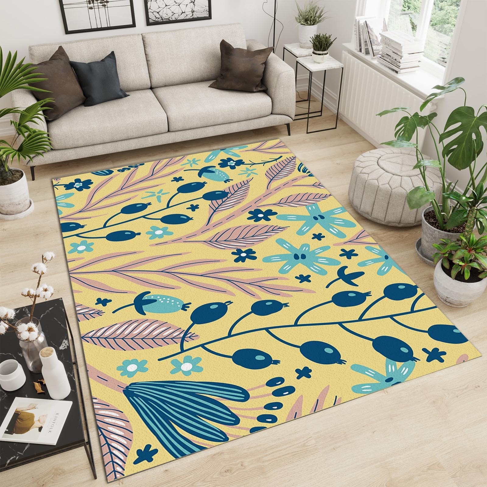 8x10 Large Fluffy Area Rugs - Yellow Green Ocean Plant Print, Non-Slip Nursery Rug for Living Room & Bedroom | Herbal Collection Soft Carpet for Kids Room, Home Decor